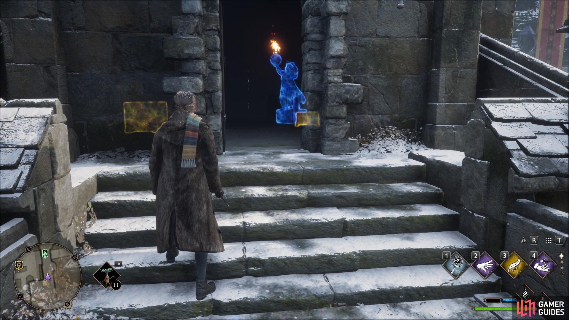 Head directly above the North Exit Floo Flame, pick the door, then Levioso the statue.