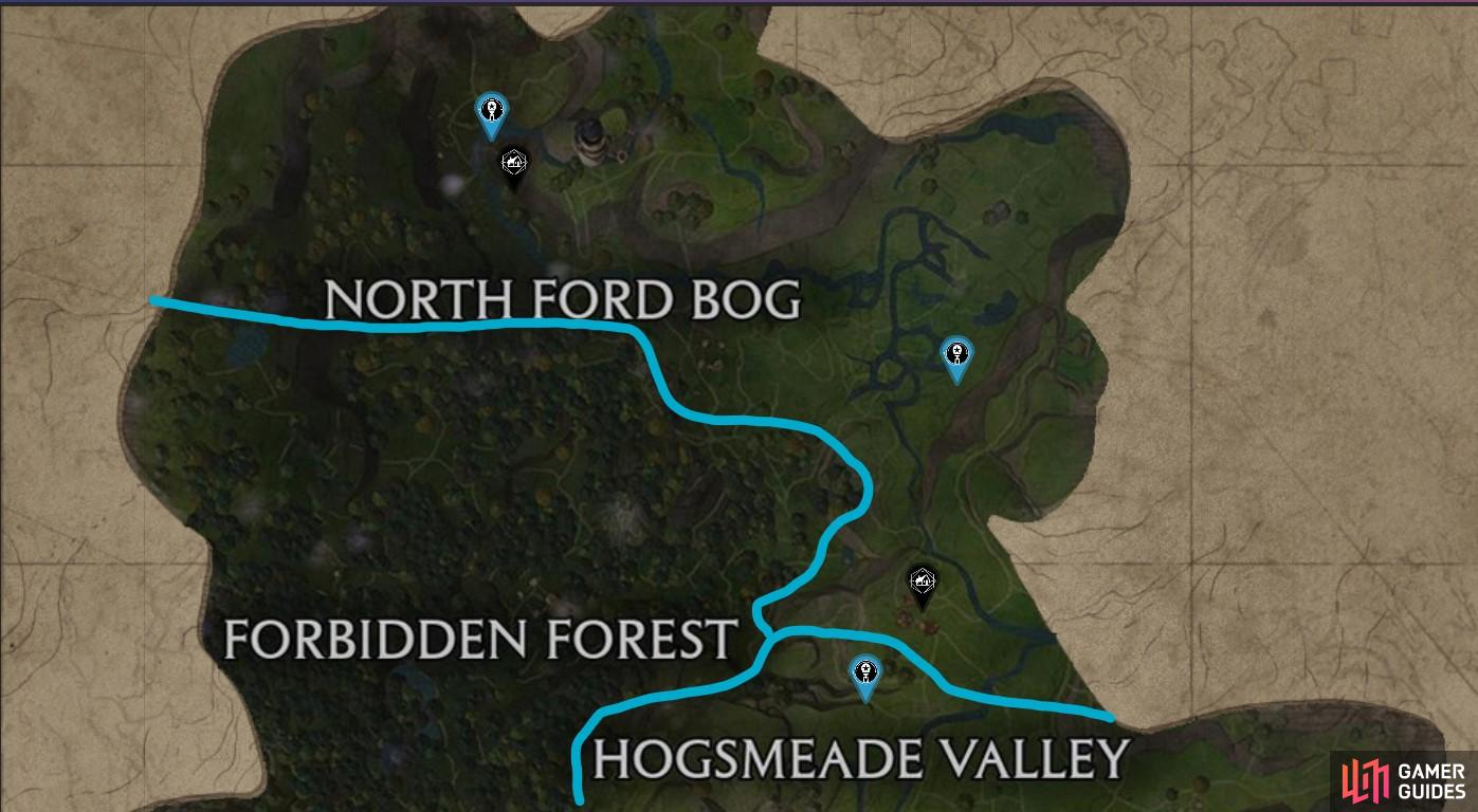 A map overview of North Ford Bog and Hogsmeade Valley Balloons in Hogwarts Legacy.