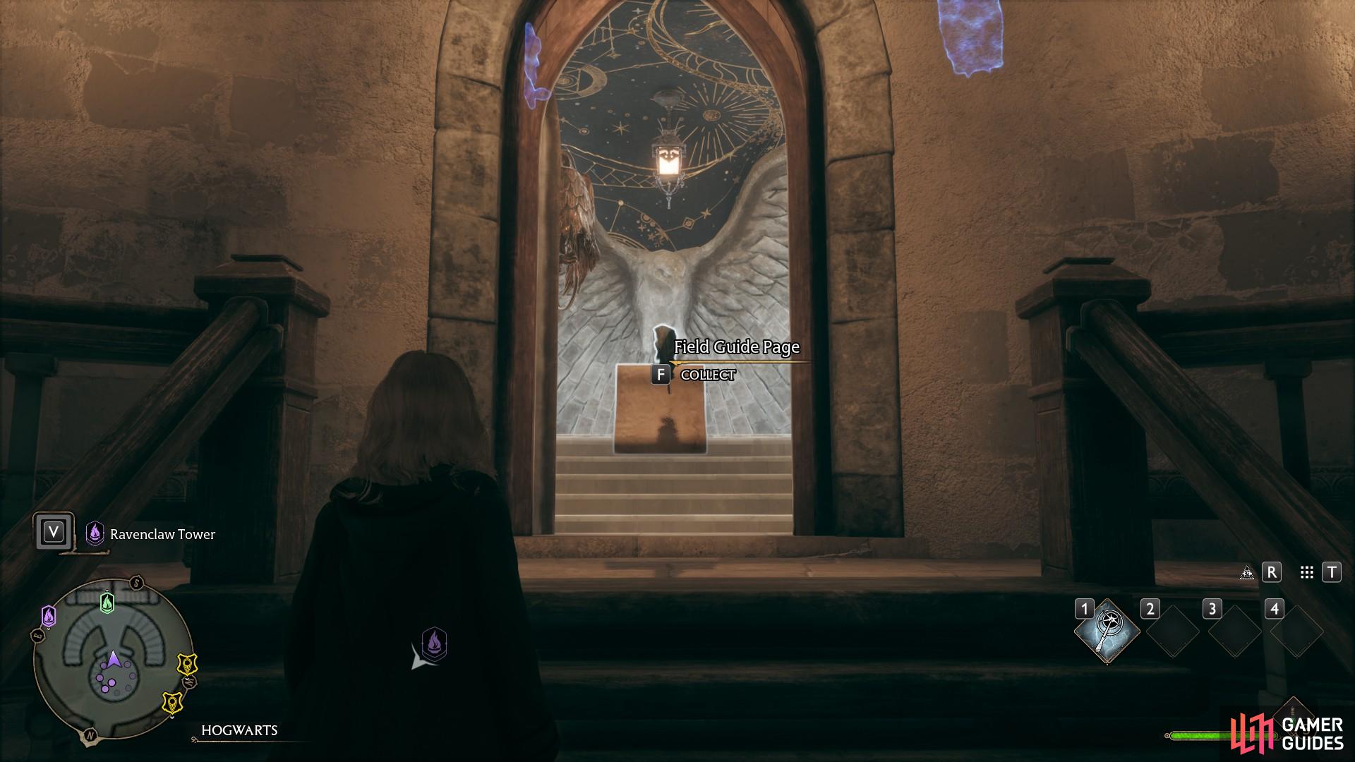 The Ravencal Doorknocker Page is right at the entrance to the common room, at the top of the spire.