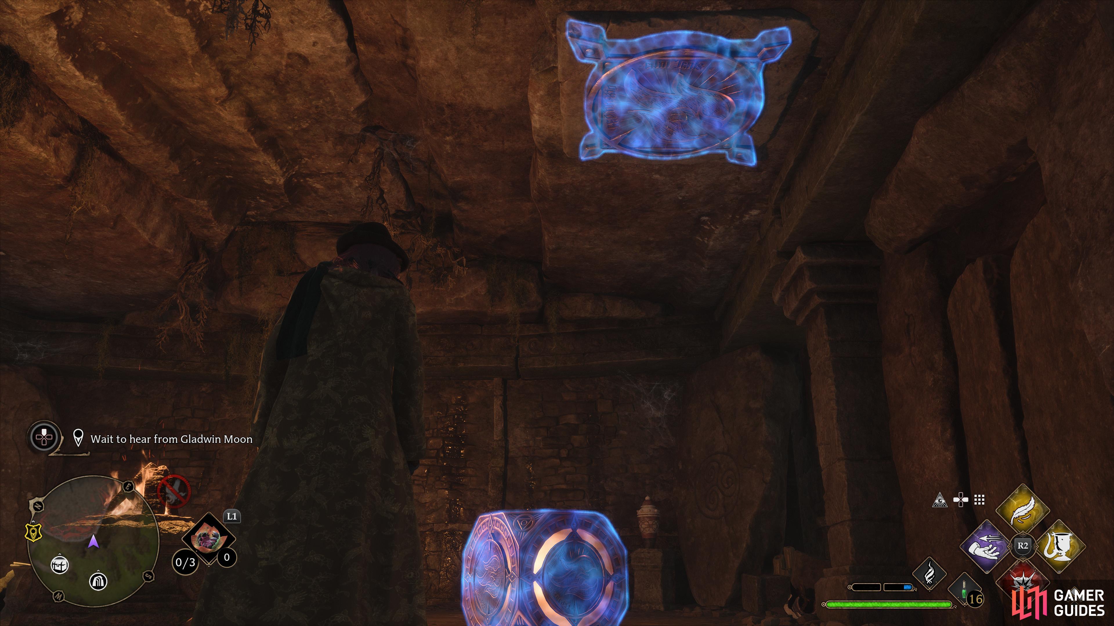 Solving the cube ceiling puzzle in the Manor Cape treasure vault.