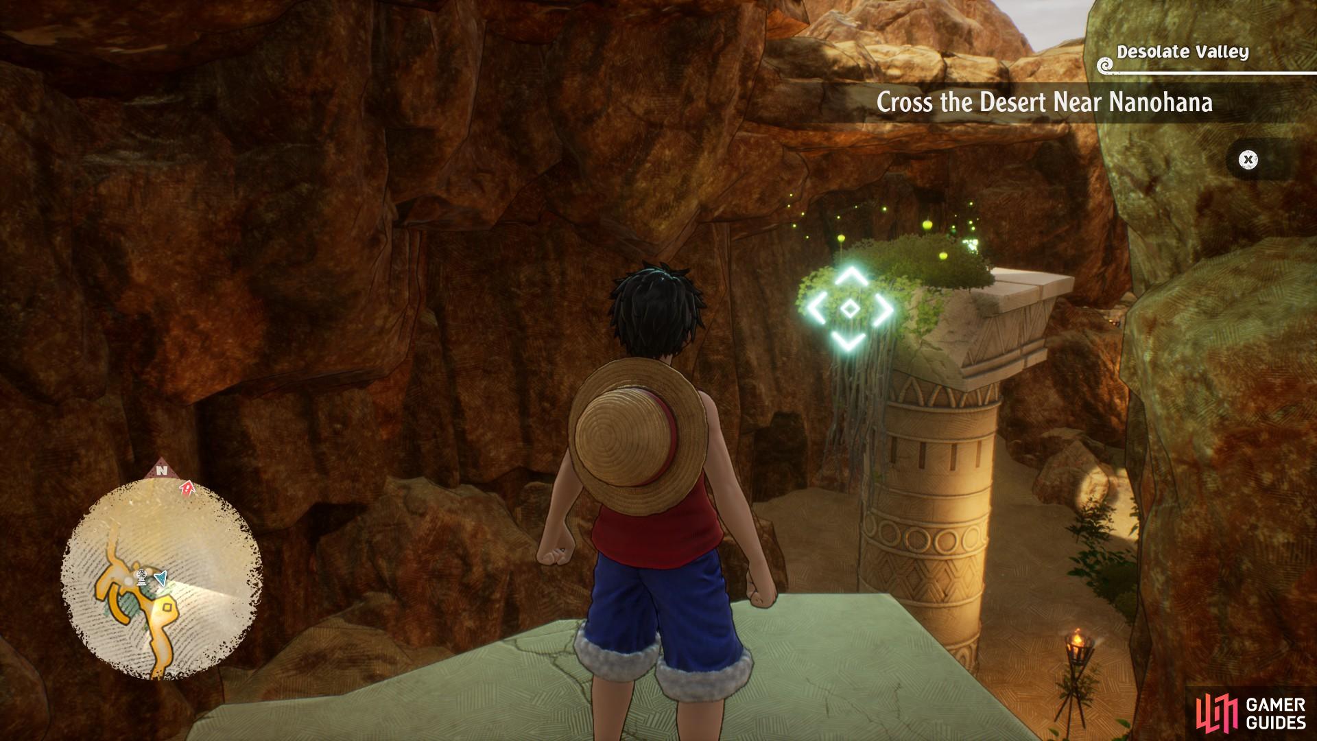 Use Luffy to climb the arches just before the entrance to the Ravine cube location.