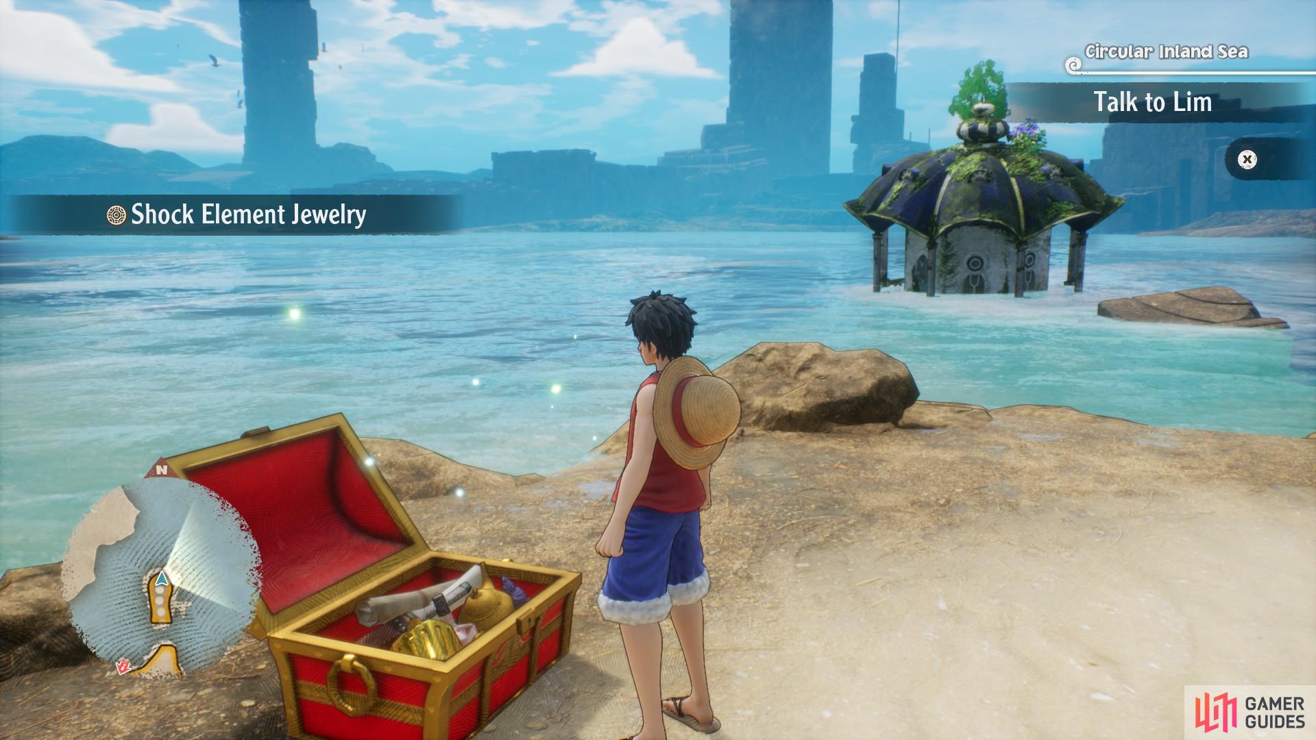 Cross the gap using Luffy to the Inland Sea sand islands for this chest.