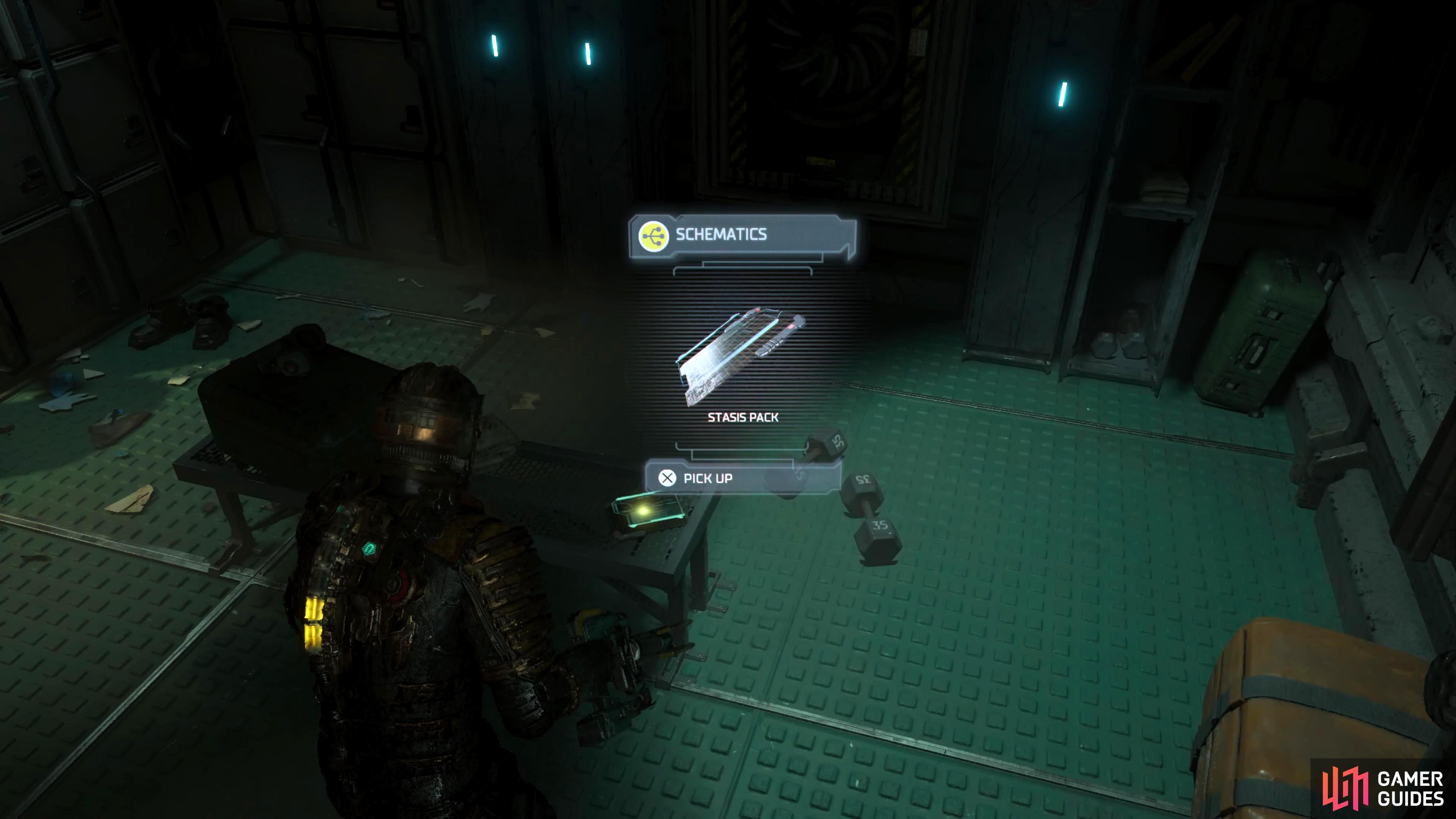 The Stasis Pack Schematic is on the bench in the Main Lab Changing Room.