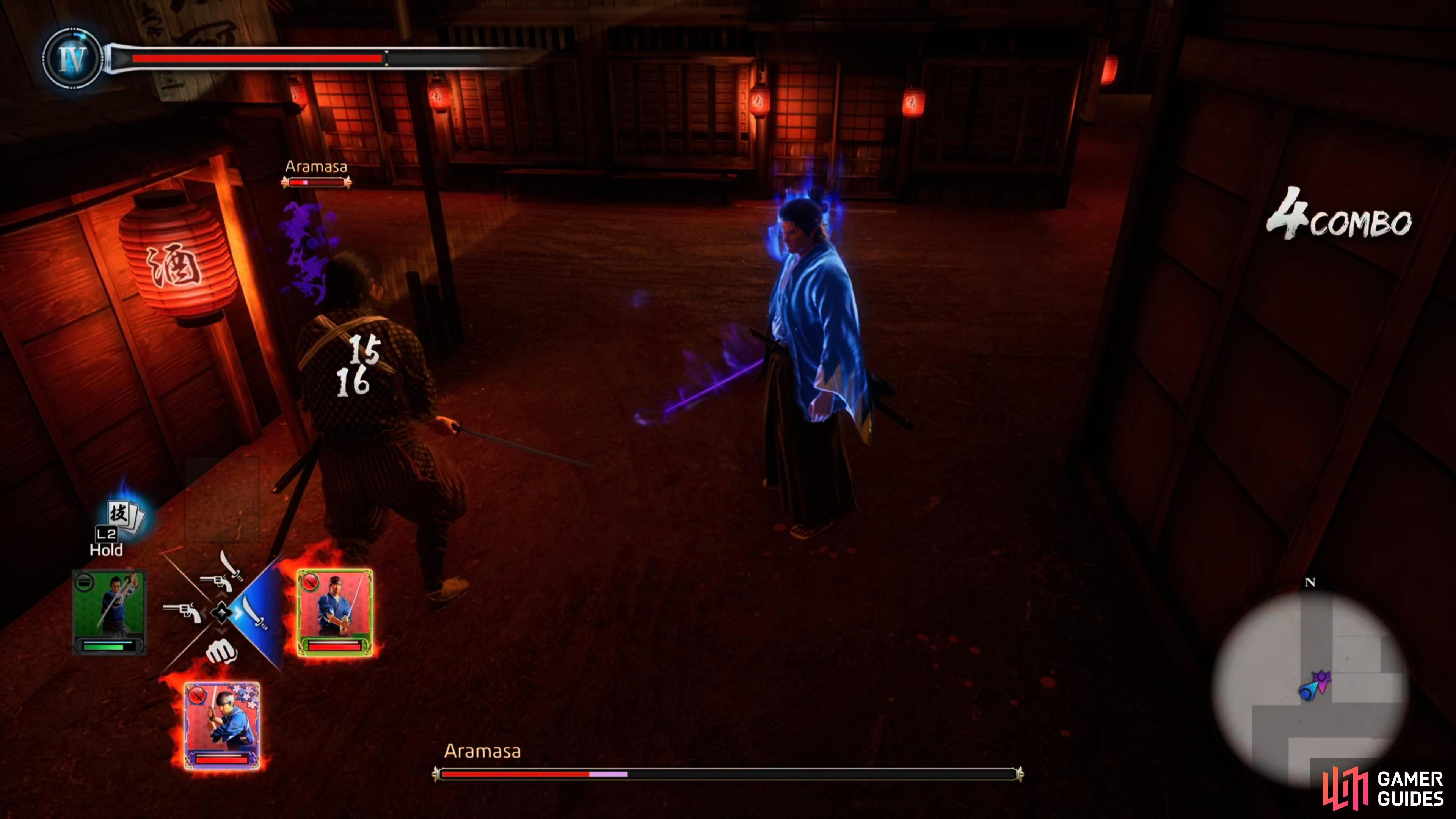 Aramasa is on the wimpy side, so just him down with your regular swordsman combo.