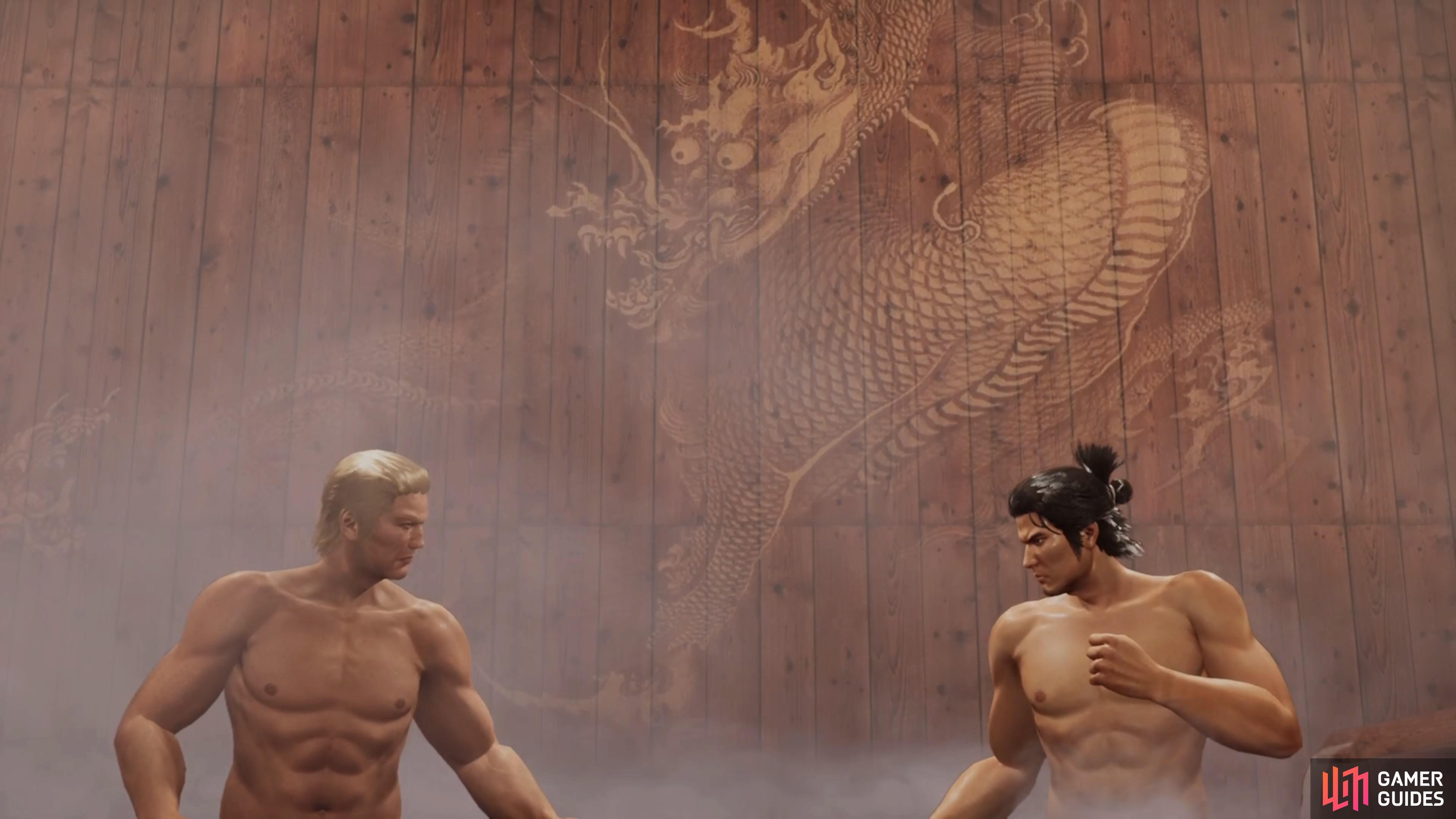 Yep, it's a one-on-one fight, in a bathhouse