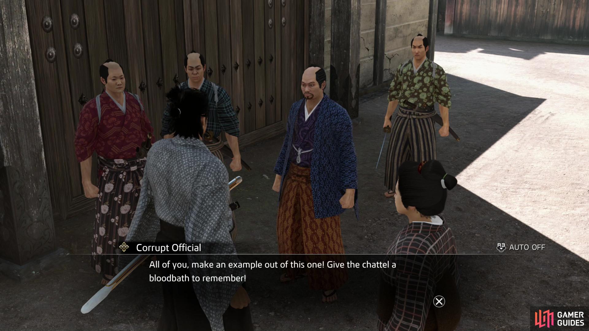 A Corrupt Official will arrive to disperse the crowds, turning his violent intentions onto Ryoma when he intervenes.