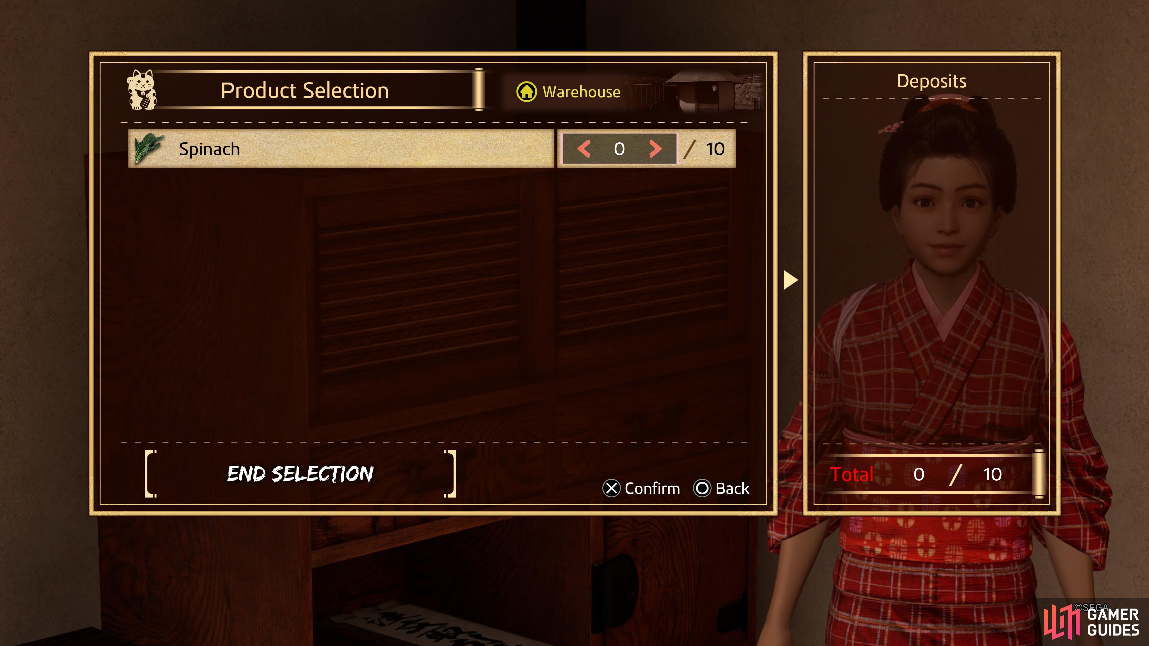 After choosing “Select Product” you'll be taken to the “Product Selection” screen. Here, you'll pick how many items to send out for Delivery.