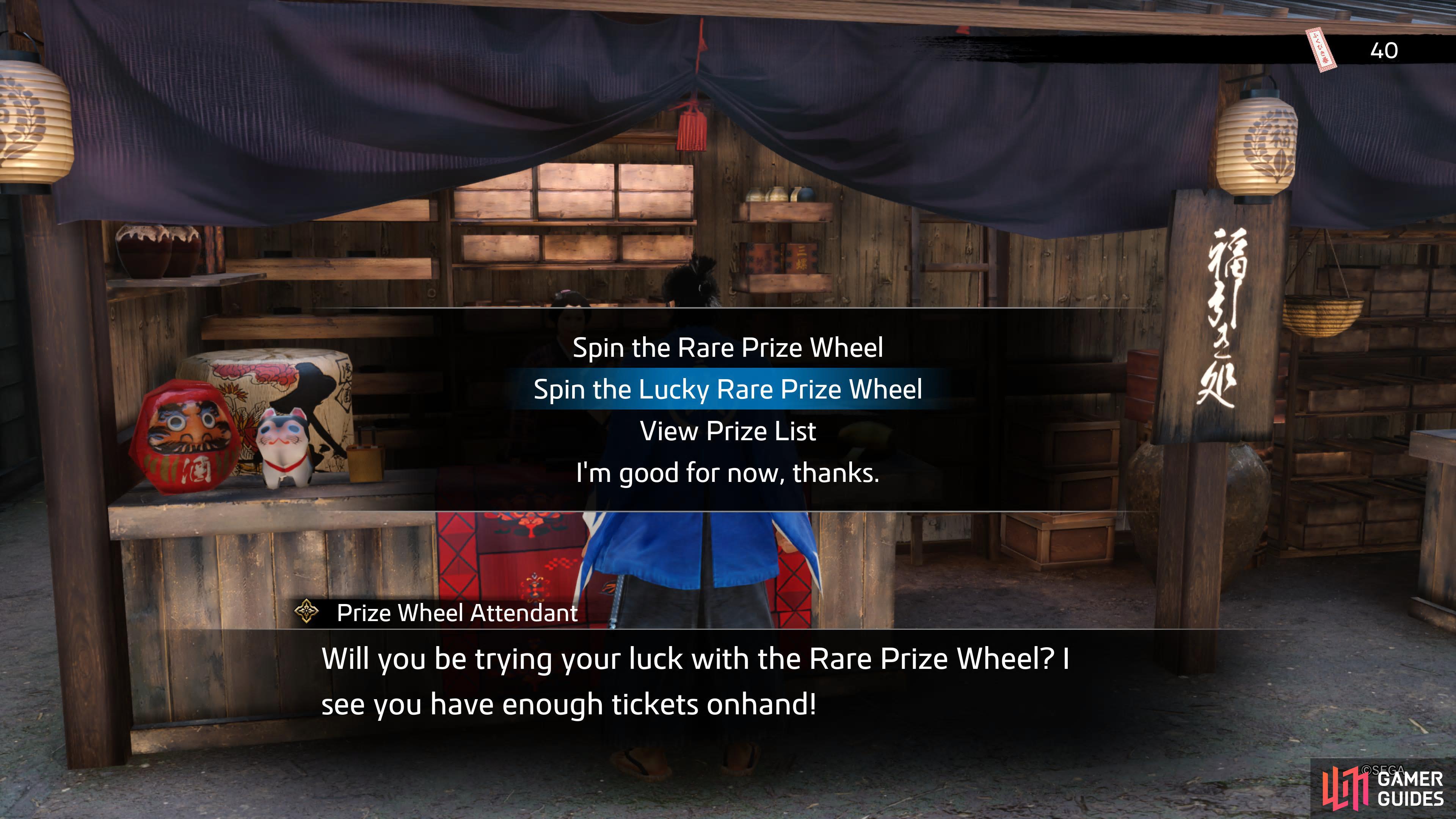 After 50 tickets have been spent in the regular prize wheel stall, a second stall will open with rarer items. This costs 5 tickets for the Rare Prize Wheel, and 10 for the Lucky Rare Prize Wheel.