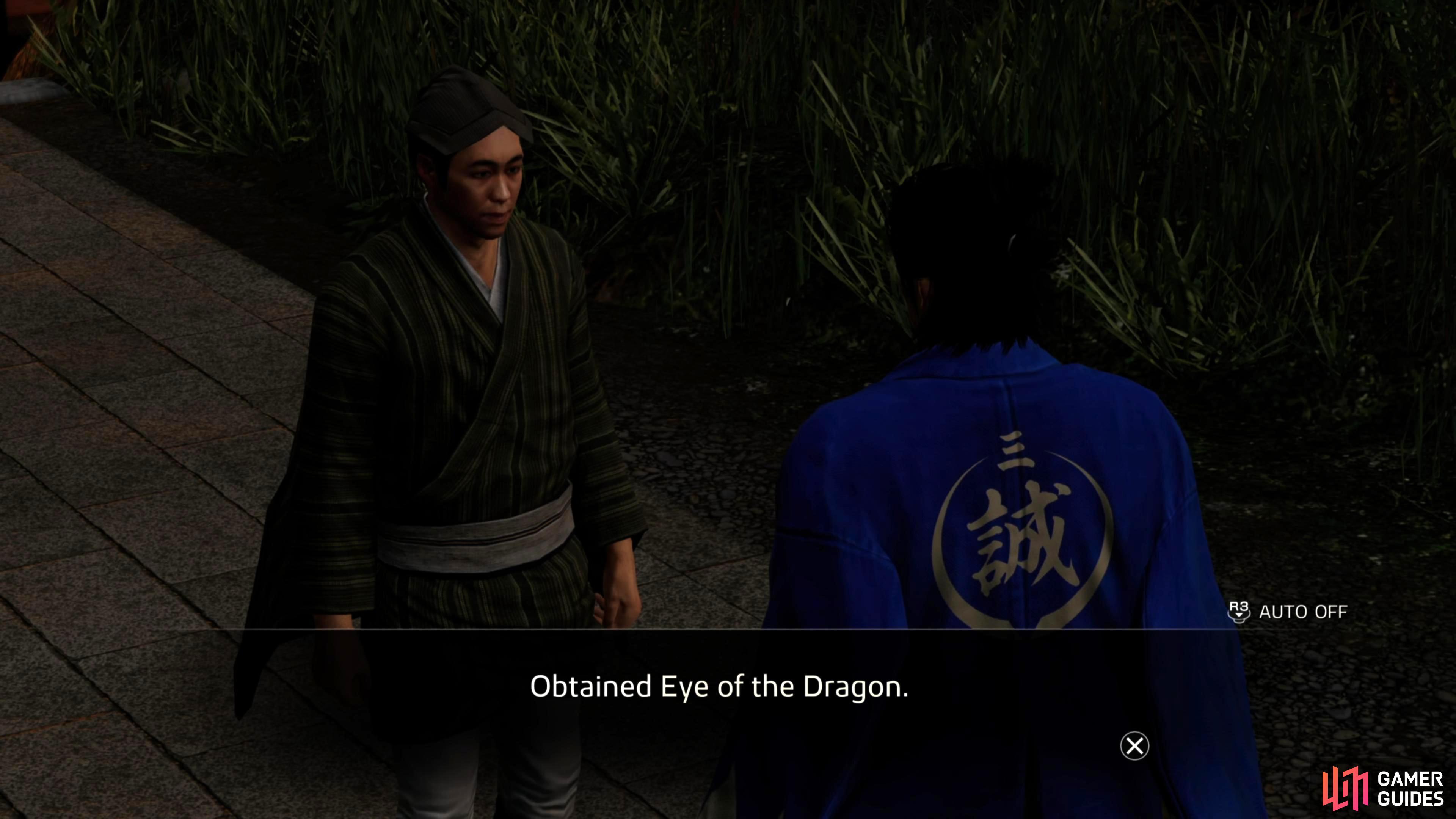The Kawaraban Vendor will reward you with an Eye of the Dragon after completing his interview.