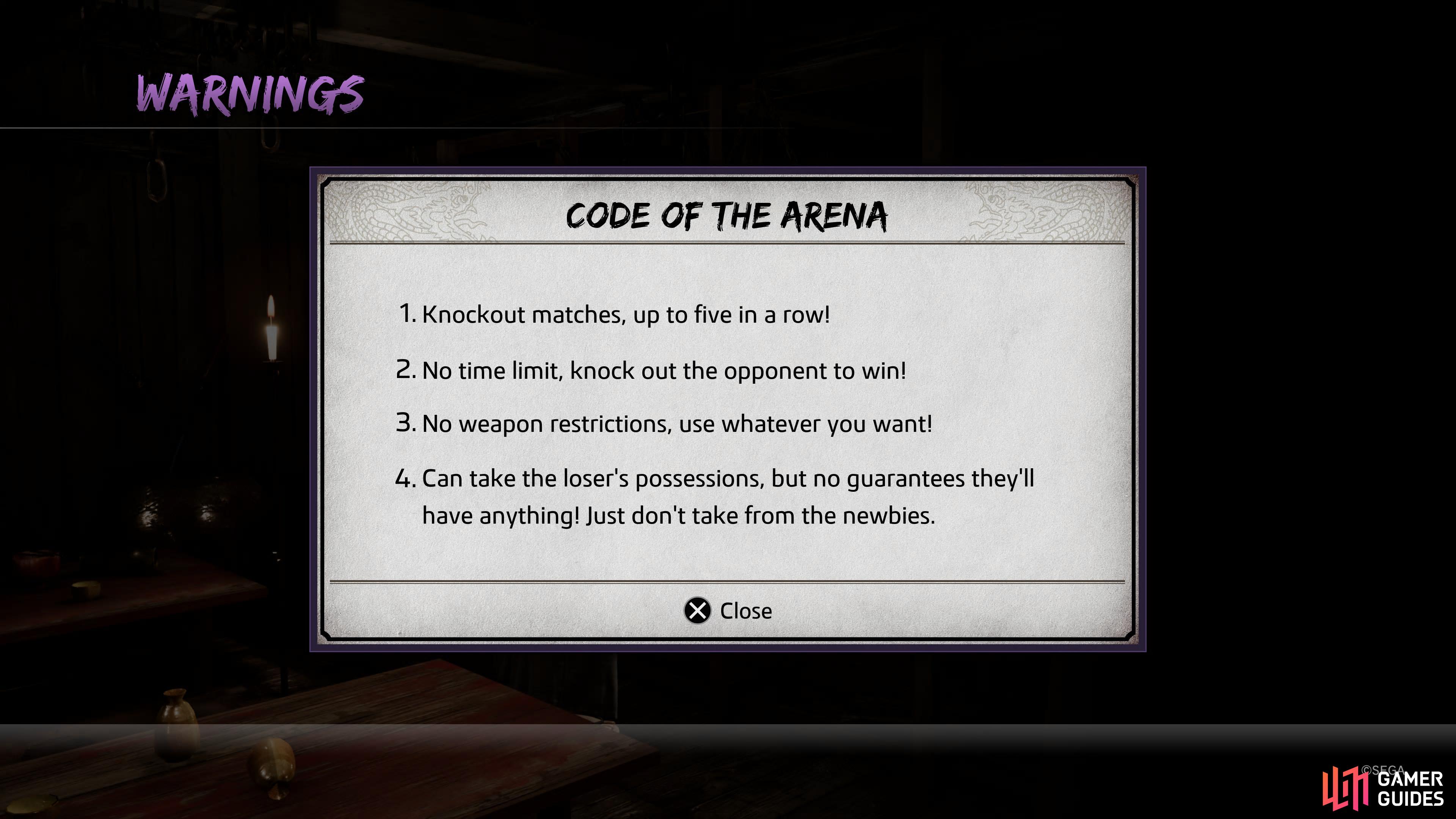 The Rules option will show you the Rules of the Arena.