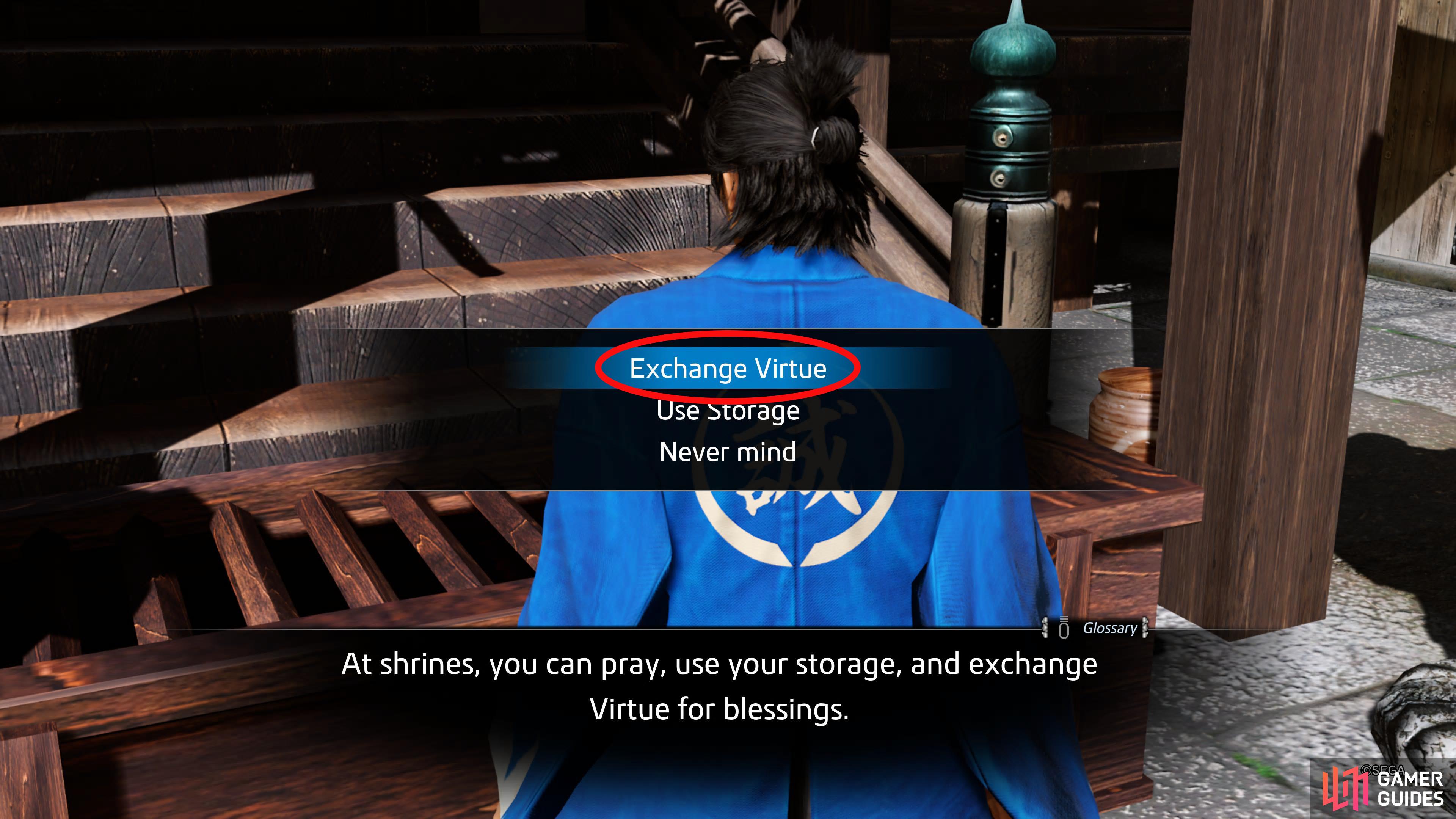 Head to a shrine and select “Exchange Virtue”.