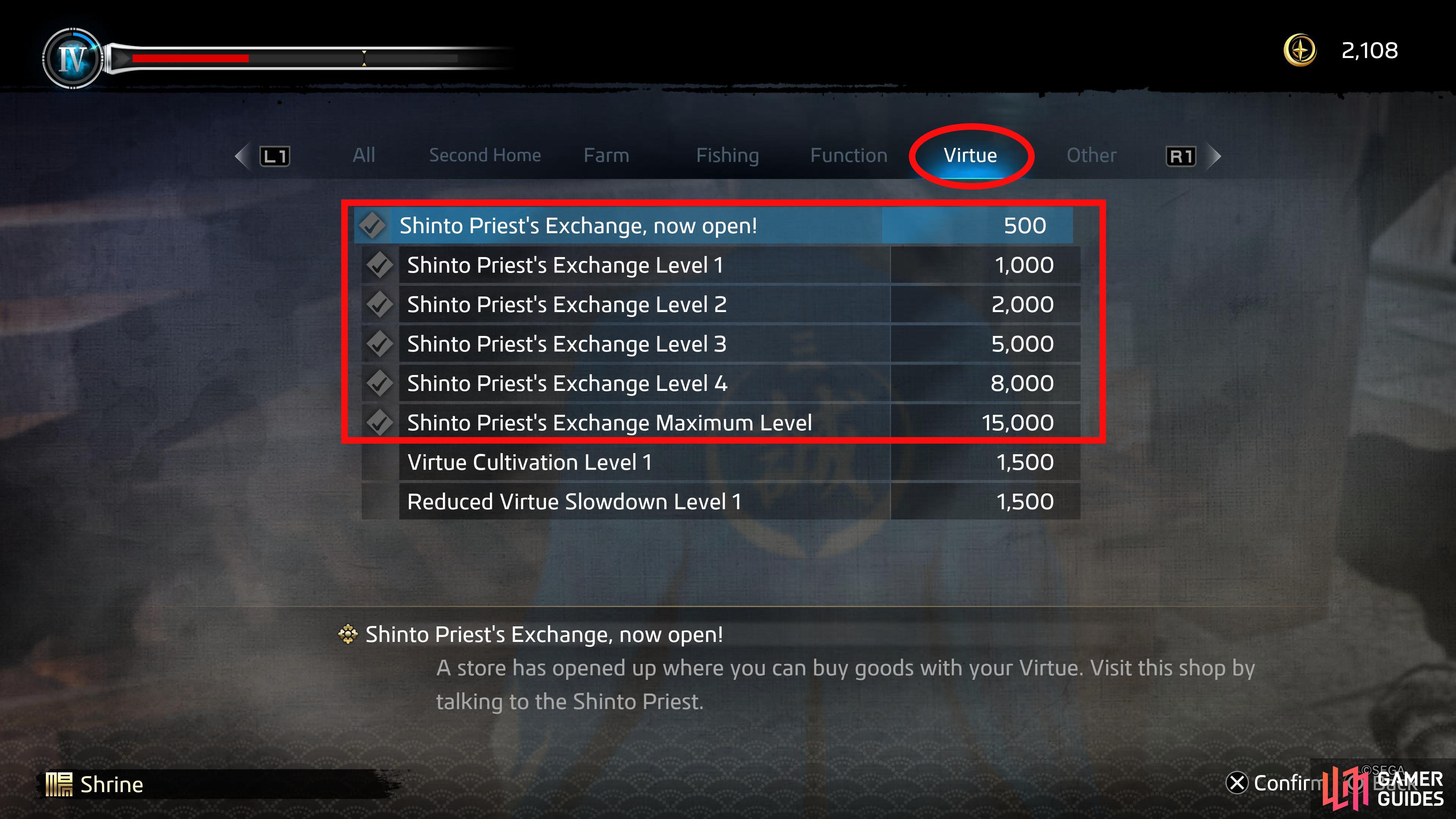 Now select the “Virtue” tab where you'll find everything related to the Shino Priest's Shop.