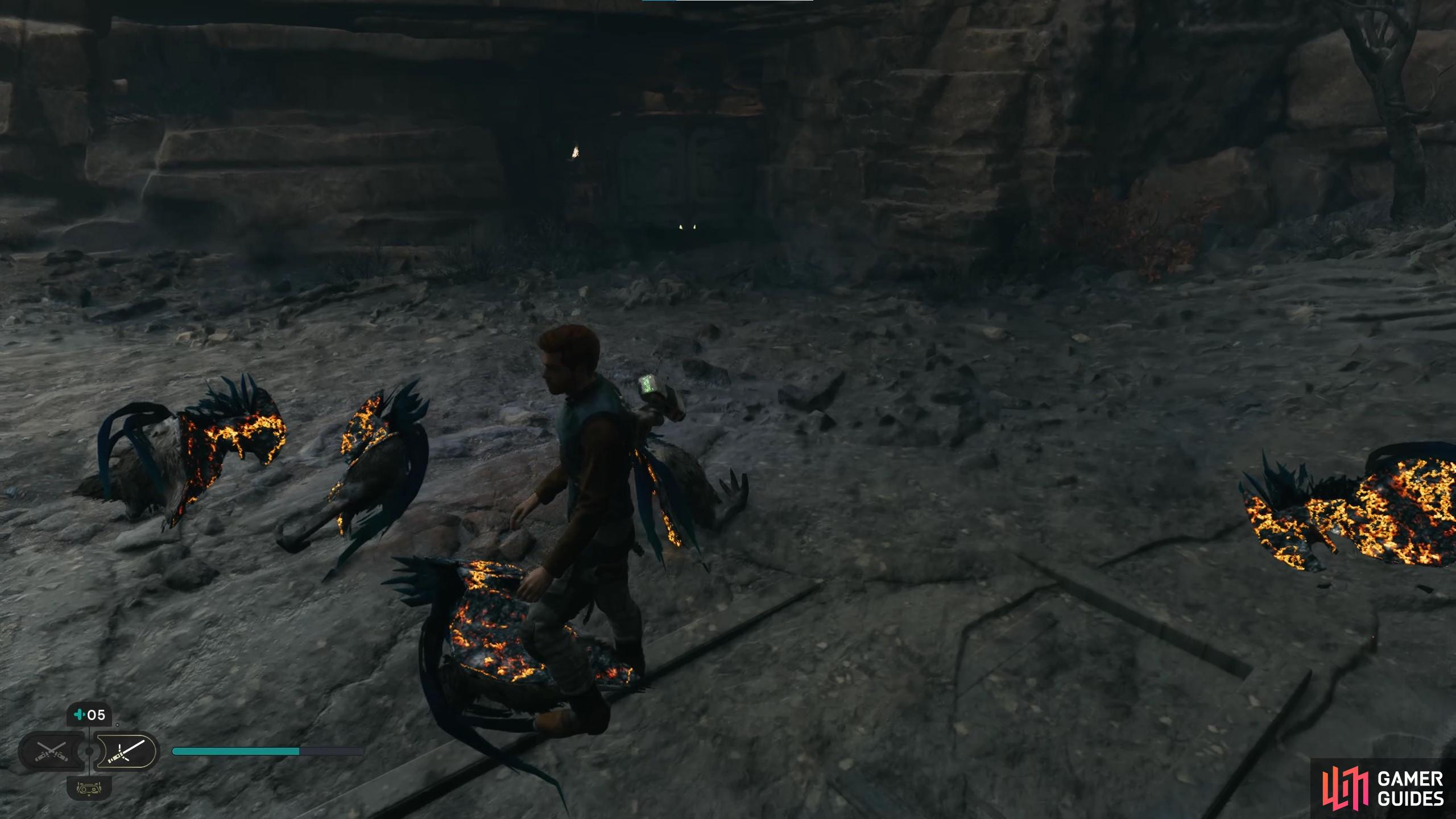 Kill the pack of chickens, then aggro the lair guards, and then head into the lair where you need to lift this gate to access.