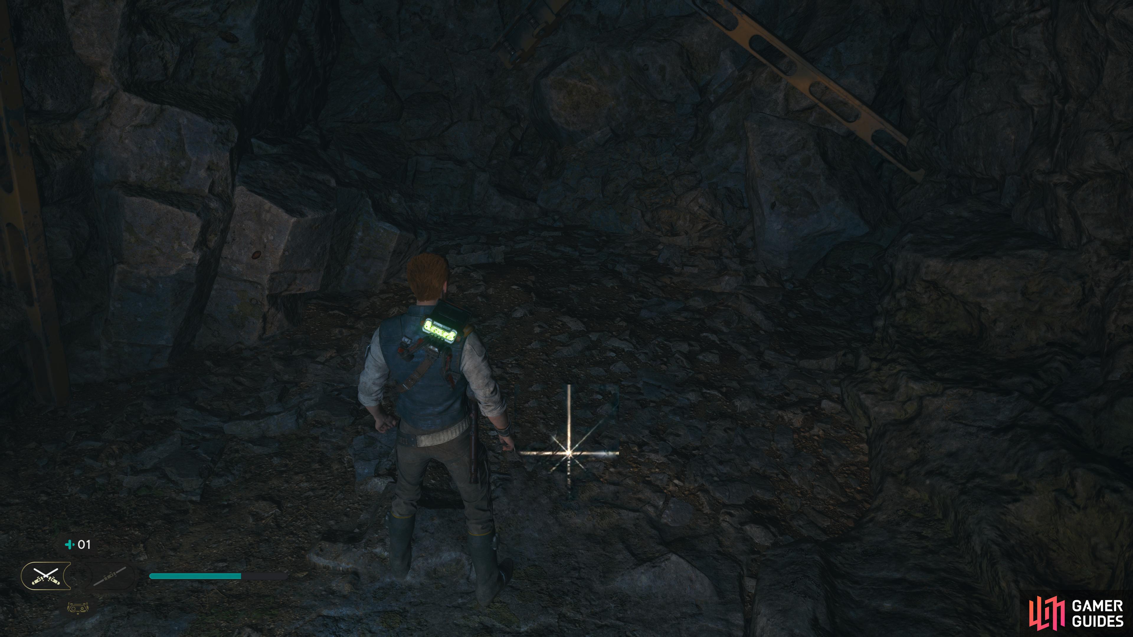 The second treasure is in the cave guarded by the two B1-Droids. Wall-jump on the wall to the left to reach the ledge containing the treasure.