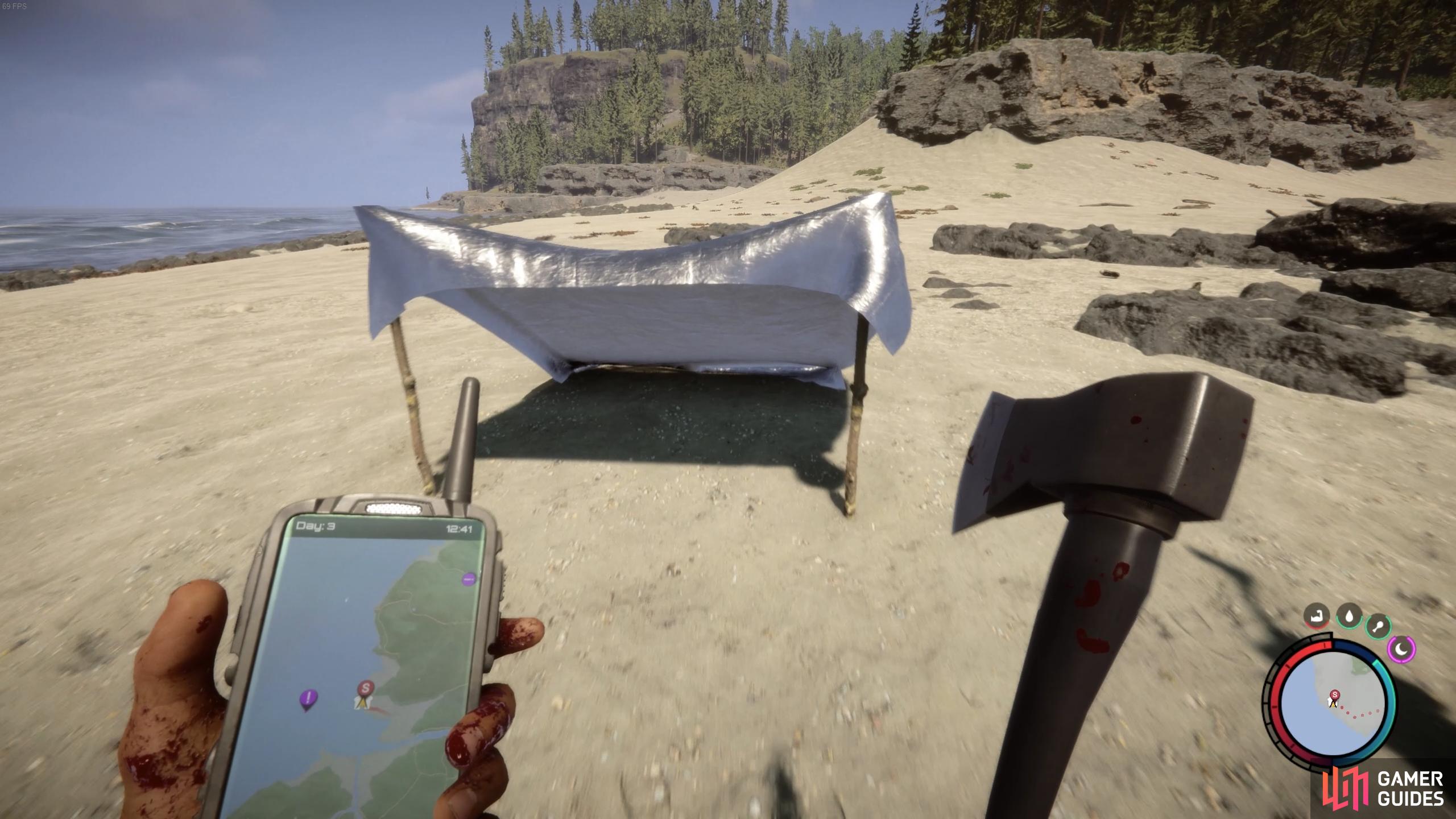 Build a shelter to save your game before you swim to the life raft.