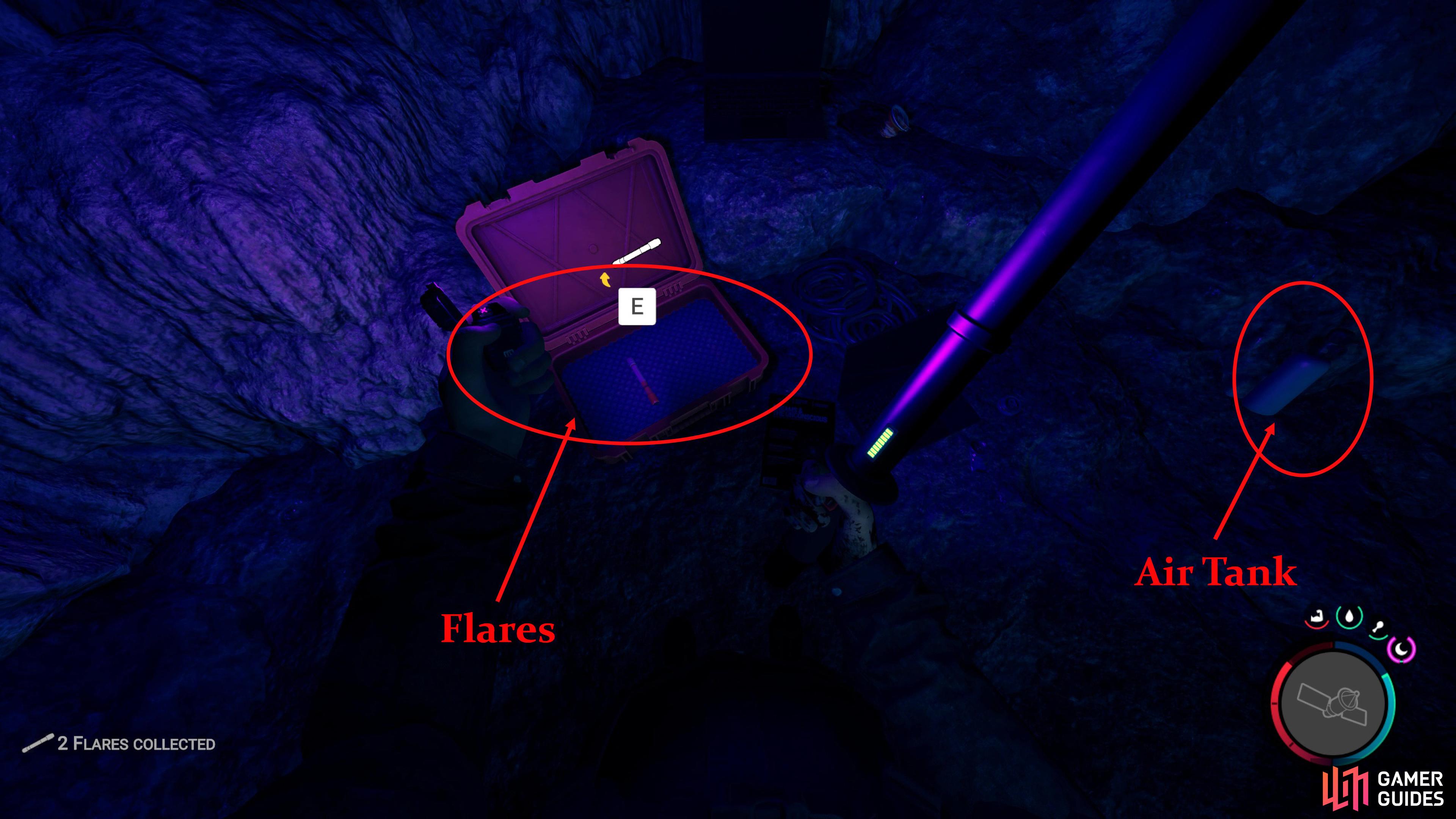 Near the cave entrance you can find some flares and an air tank.