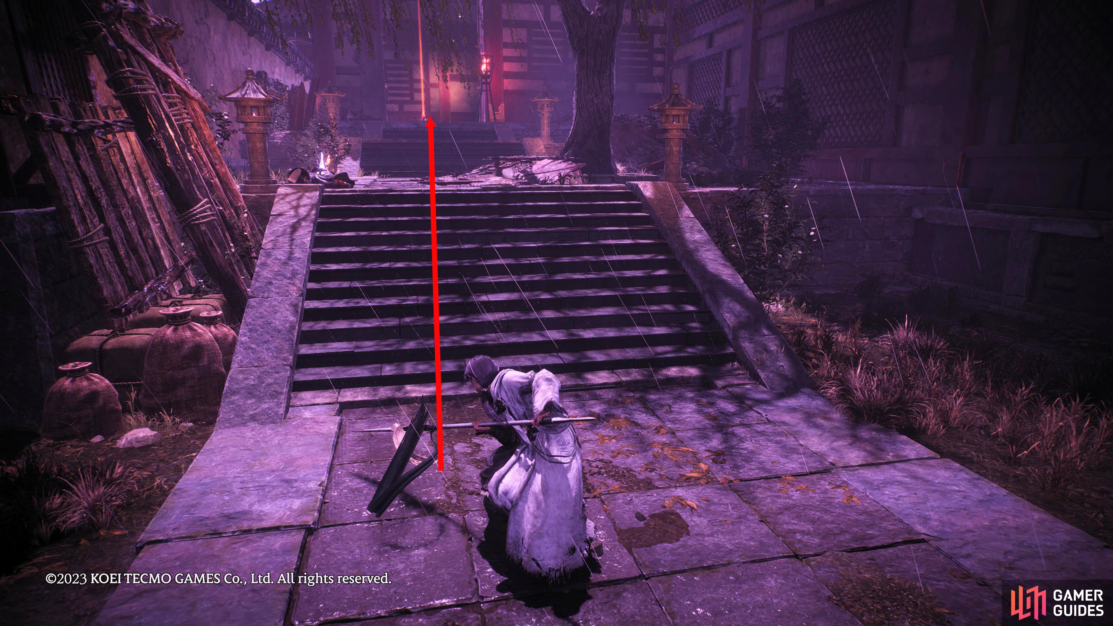 Follow the linear path until you reach these stairs. Two assassins will drop to ambush you.