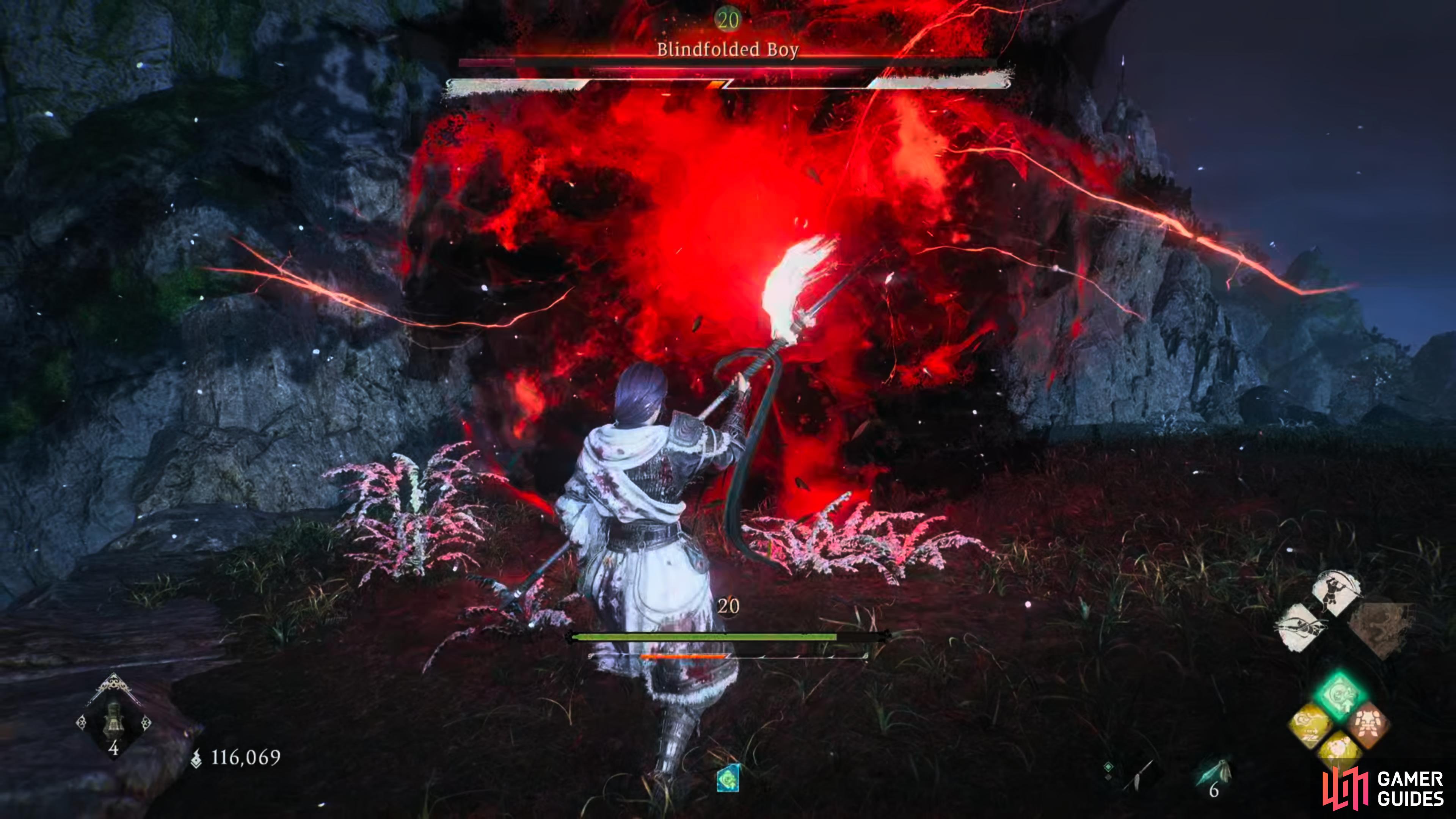 Blindfolded Boy will leap into the air and conjure a massive black and red orb before he throws it at you. Backup and deflect as it's about to hit you.