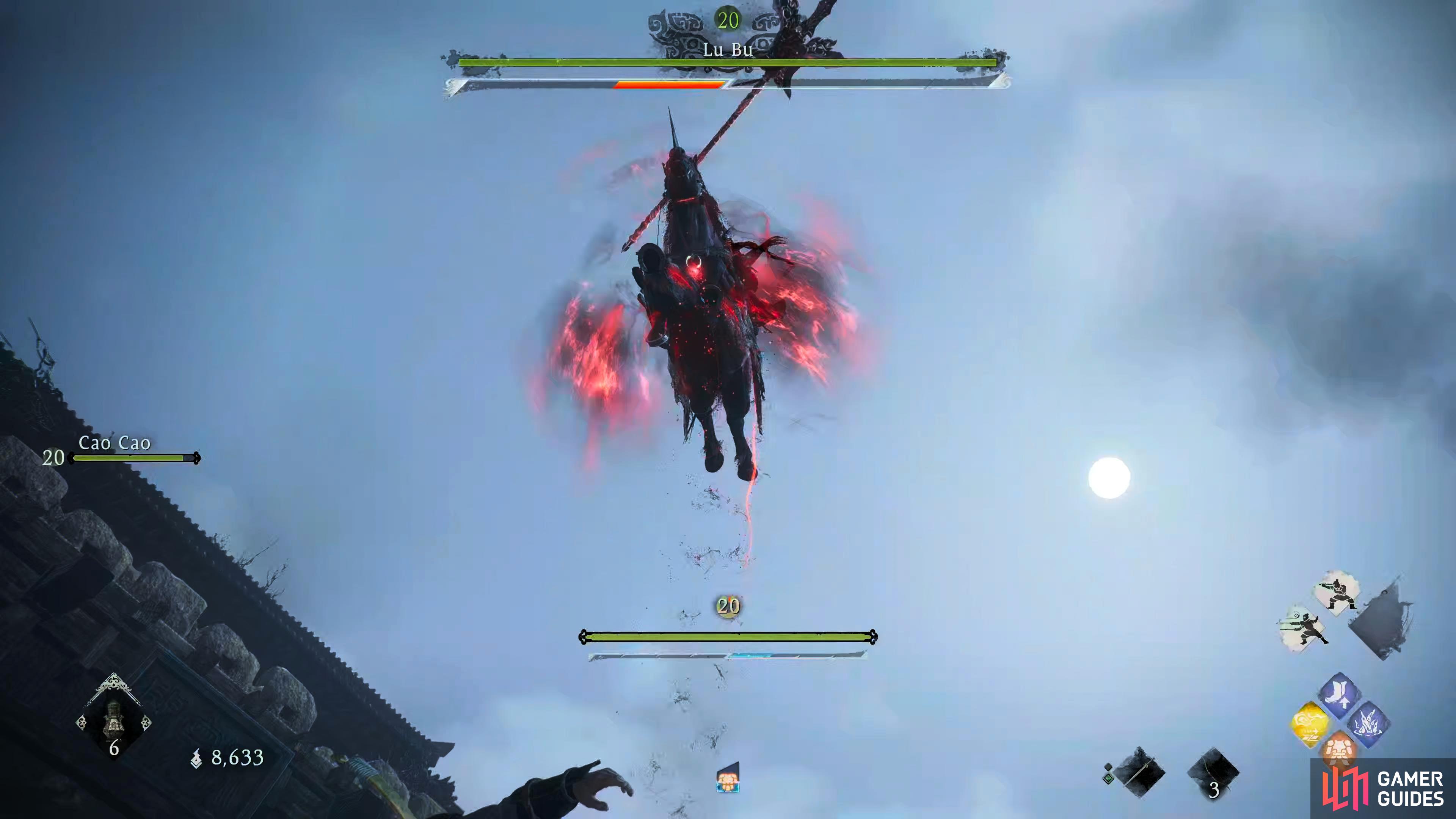 Lu Bu will leap into the air before slamming down upon you. Wait until the last second to deflect it.