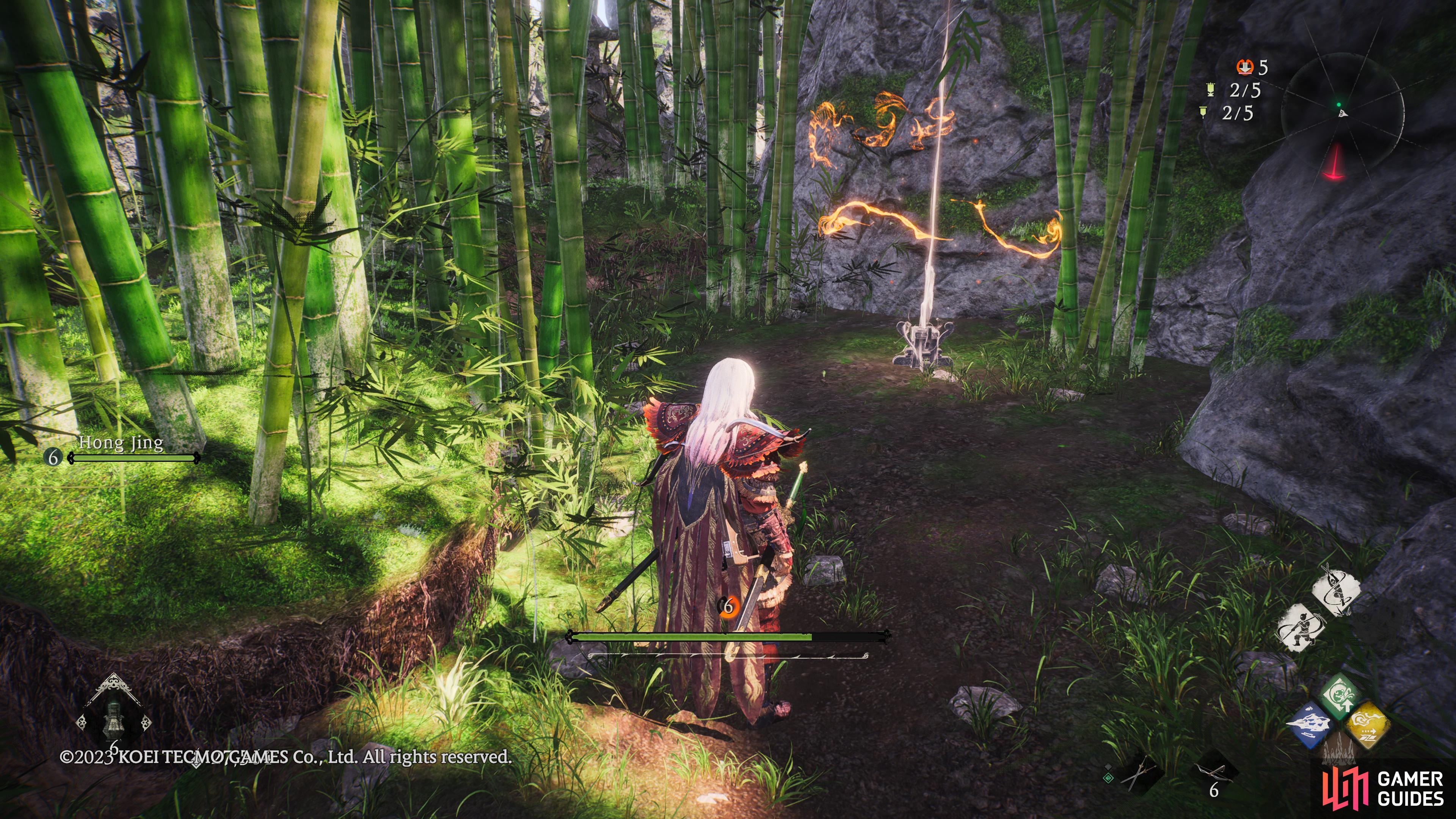 You can find this marking flag sitting at the end of a narrow bamboo path.