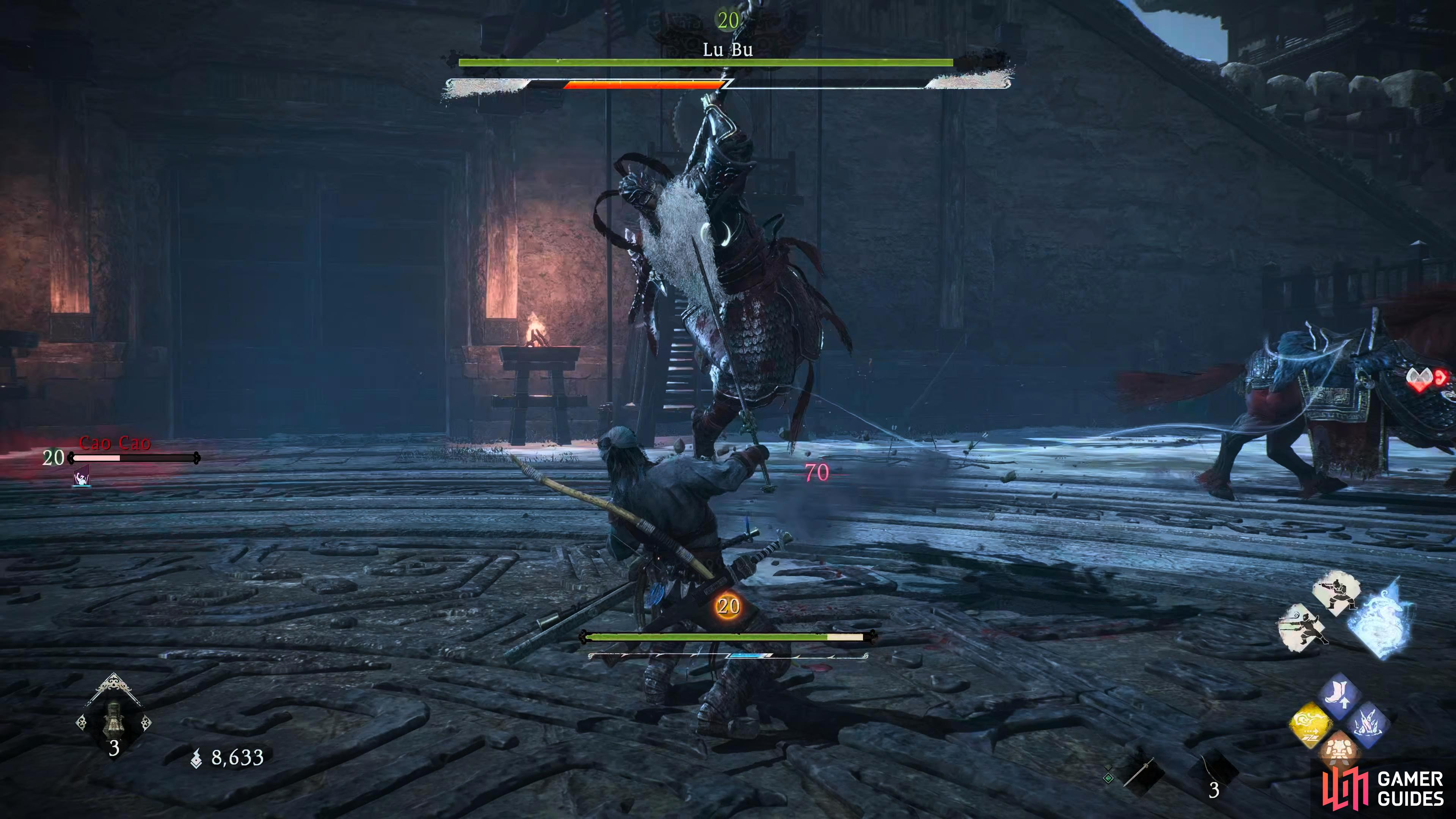 Lu Bu will leap at you and slam down his weapon.  You can deflect and counter this with a spirit attack.