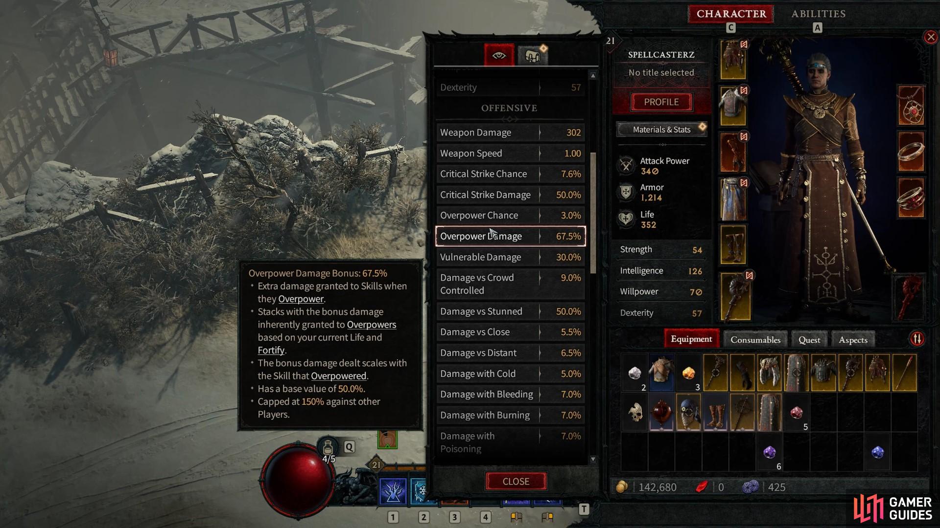 You can look at how your Overpower damage scalings by entering the character stats screen, as shown here.