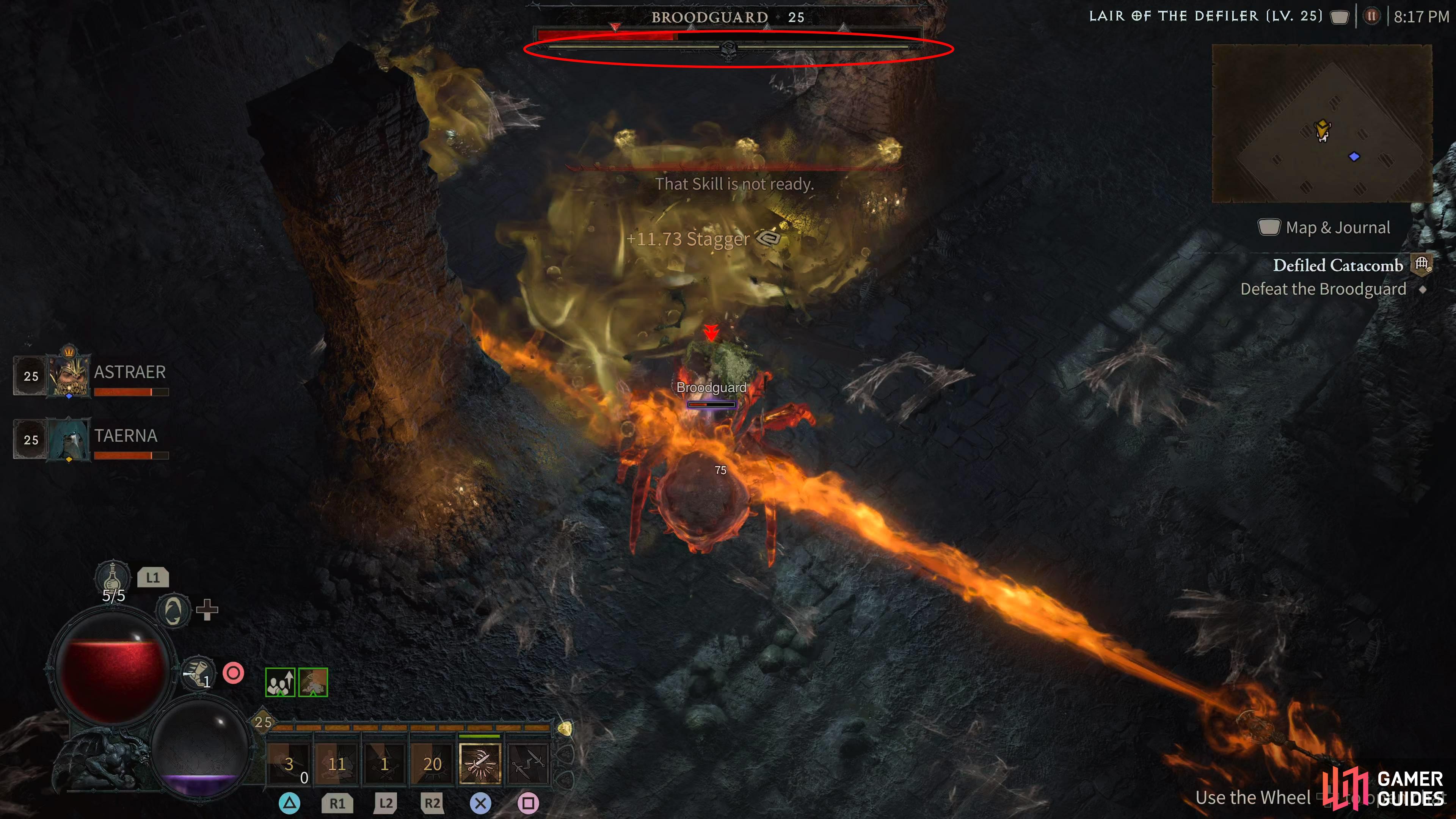 Underneath the bosses health bar is the Stagger bar. Once filled up, it’ll turn blue, and start to deplete.