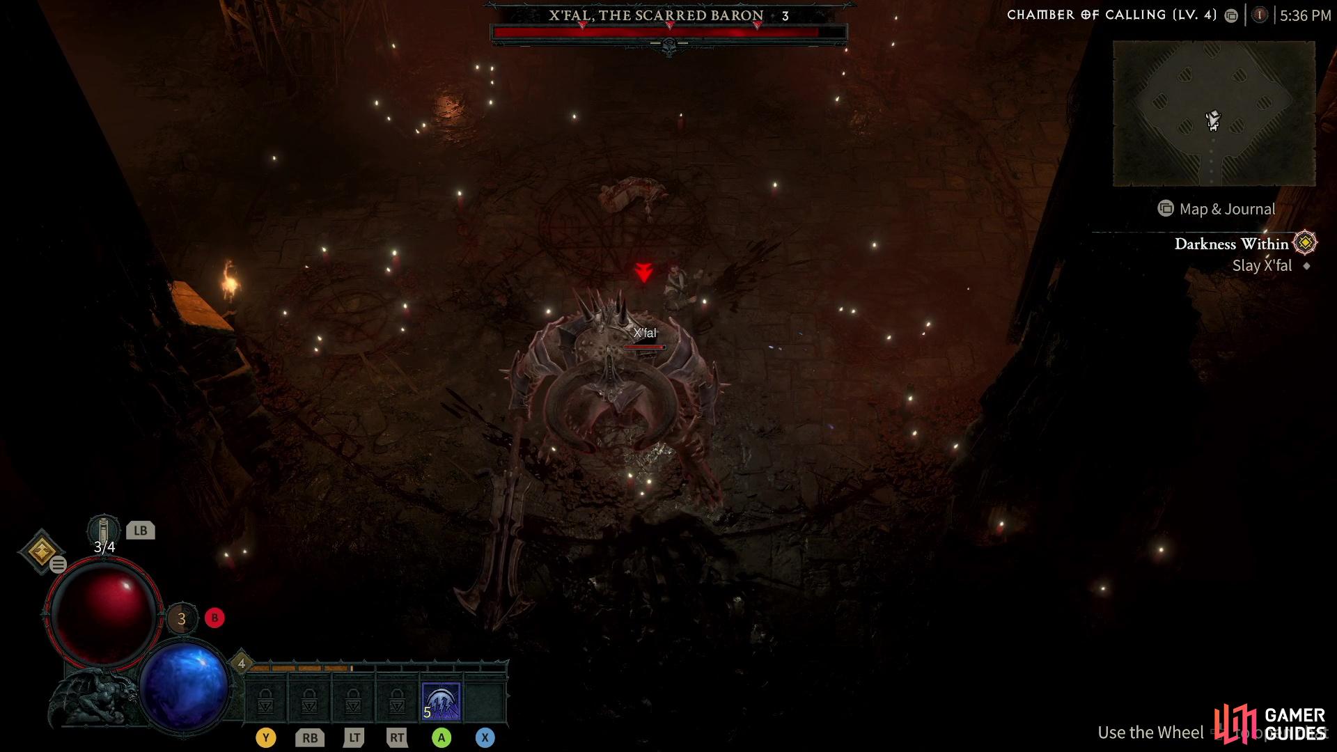 Dodging attacks and hitting X’Fal, The Scarred Baron is a solid strategy for the first Diablo IV Boss Fight.