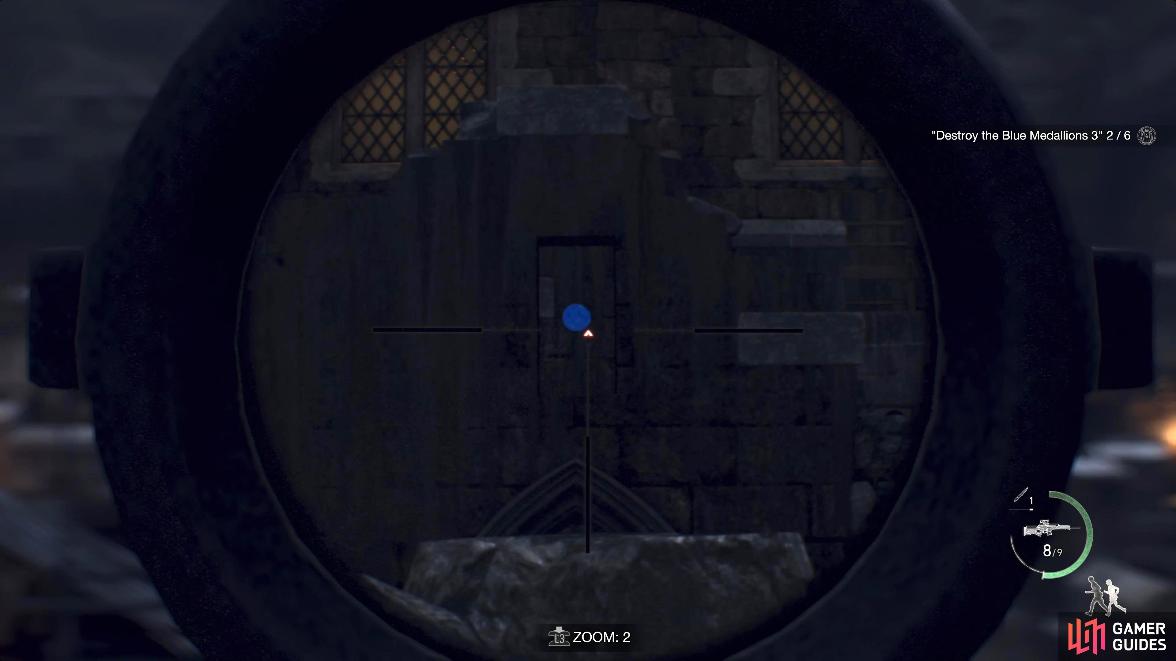 Blue Medallion 3 is on the same wall as the second medallion. Aim your sights right, then down.
