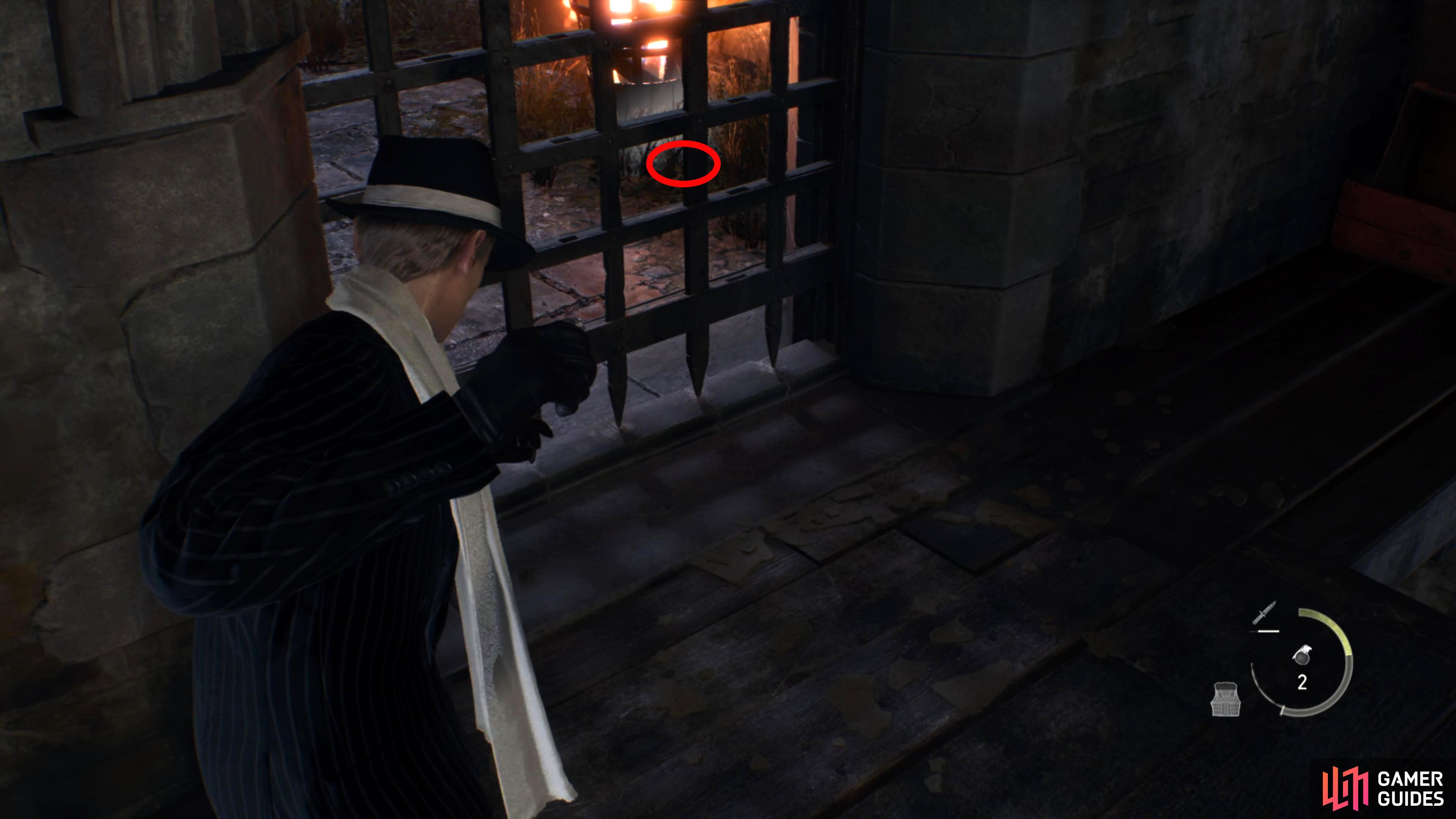 On the first gate, aim the grenade to land in front of the brazier.