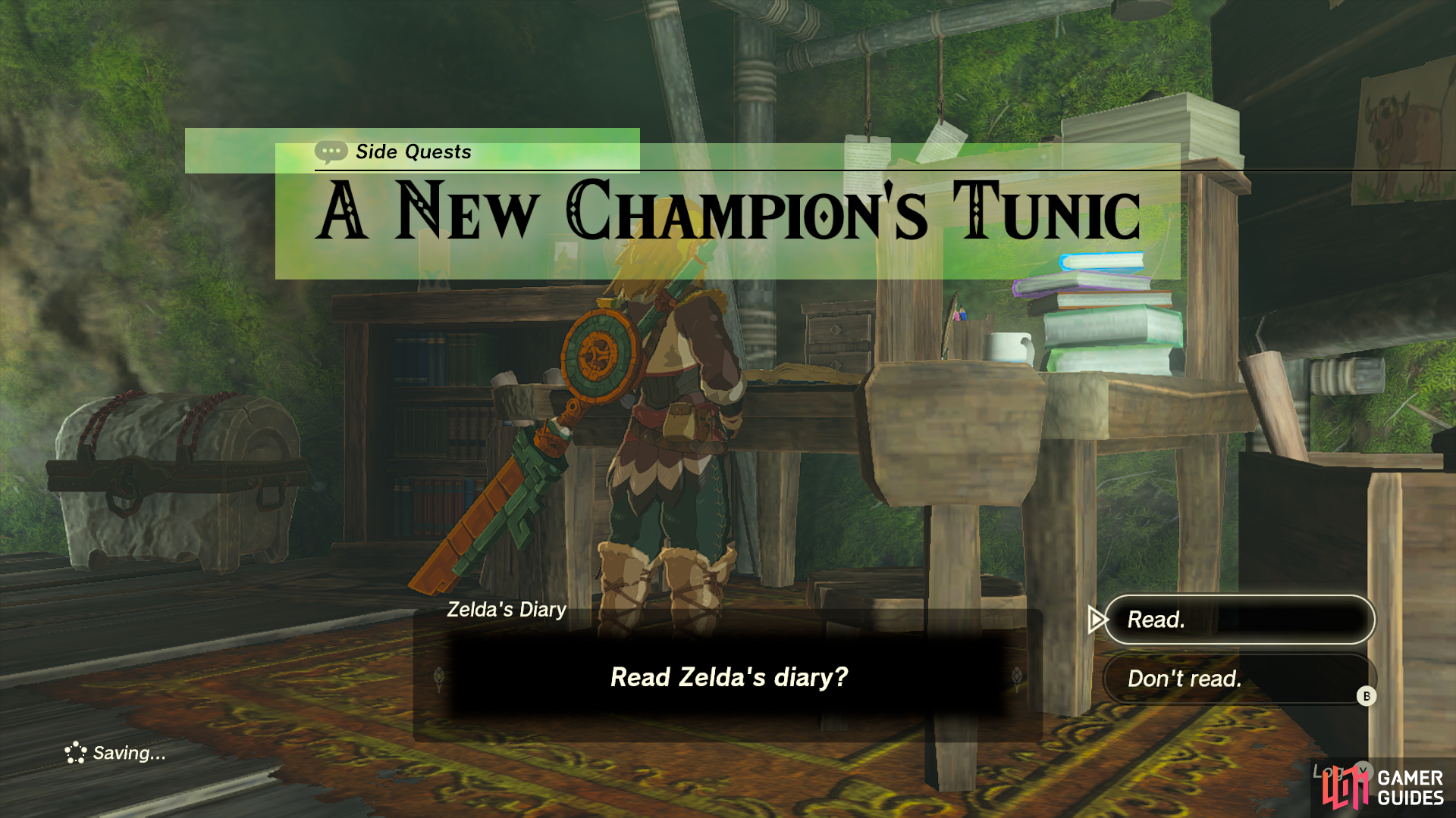 Read Zelda's diary to start the quest, A New Champion's Tunic.