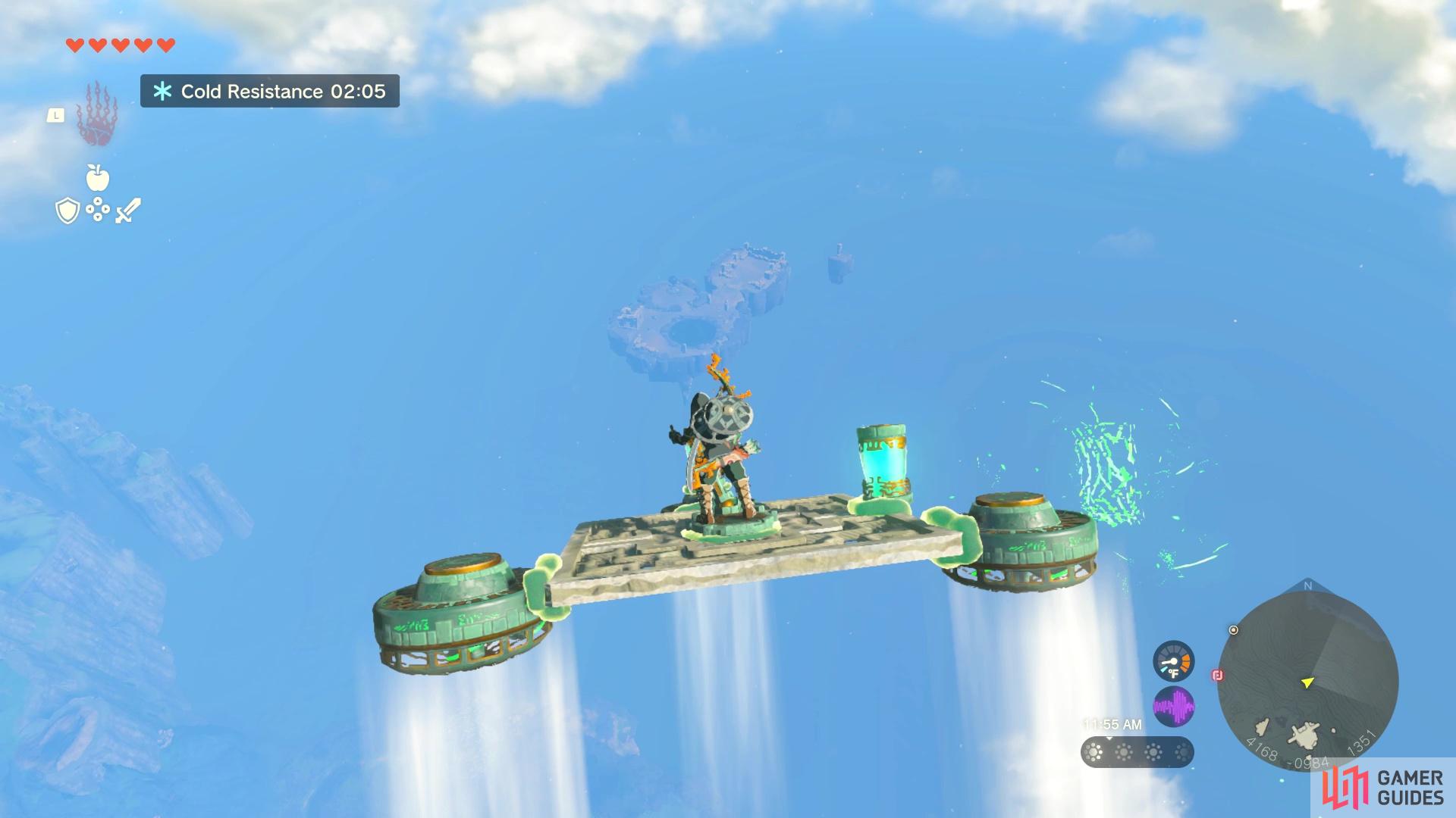 Use the flying device to reach !Courage Island and do the skydiving challenge