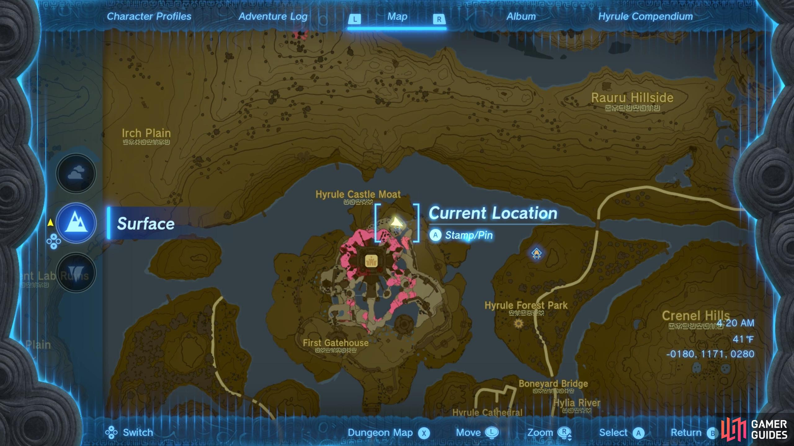 The location of the Serutabomac Shrine in the northeast of Hyrule Castle.