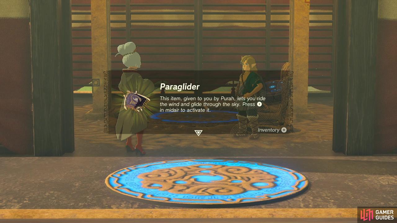 You’ll get the Paraglider from Purah at Lookout Landing after you check out Hyrule Castle.