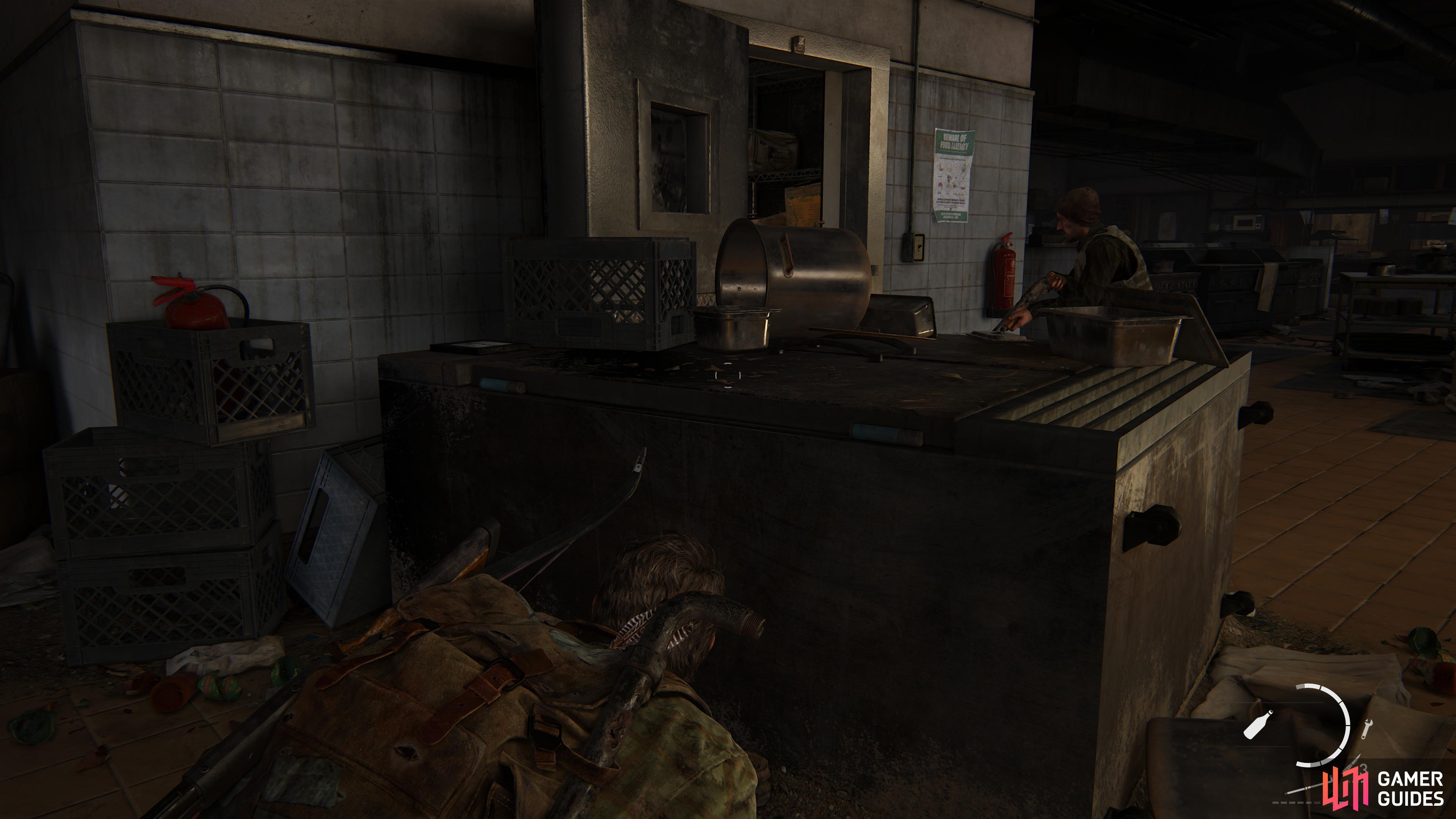 Wait for the guard to enter the storage room and strange him