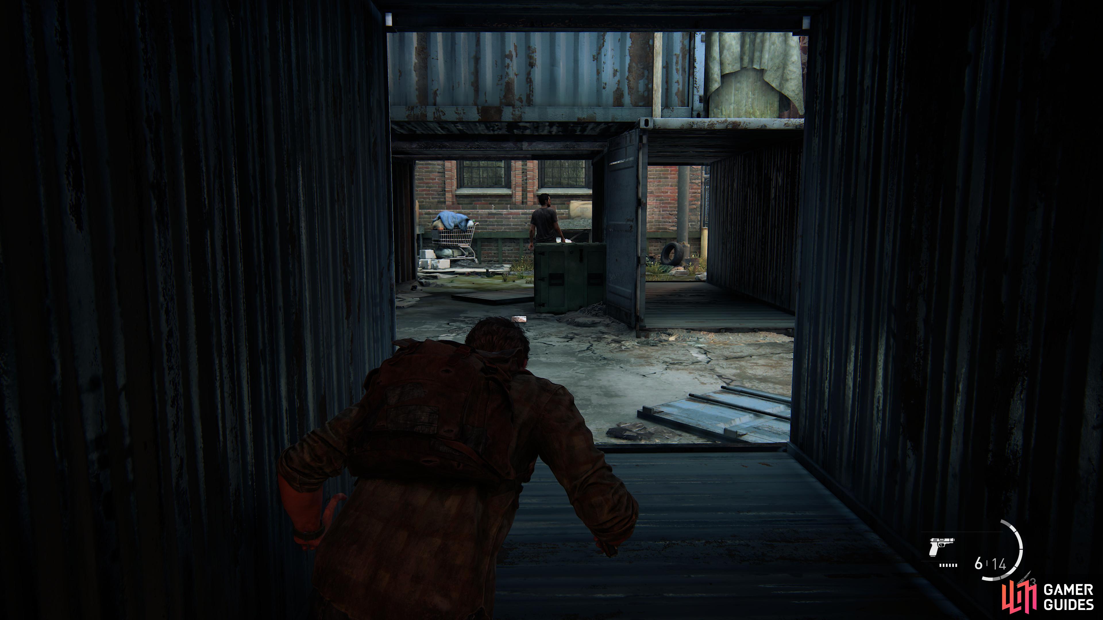Walk through the containers and take out the guard which is walking the opposite way