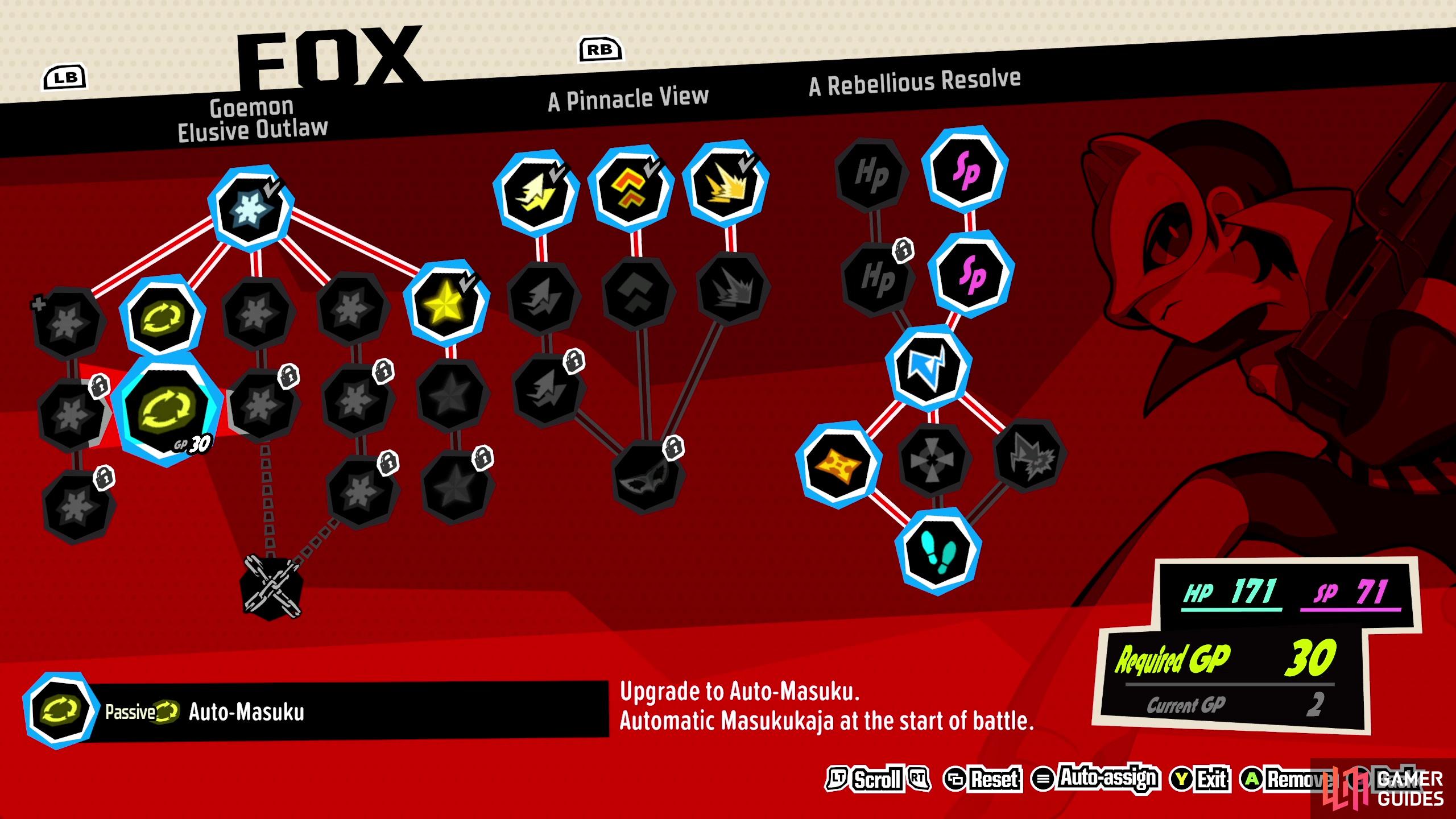 Auto-Masuku gives the entire party the Sukukaja buff at the start of combat, making it the crown jewel of Yusuke’s skill tree.