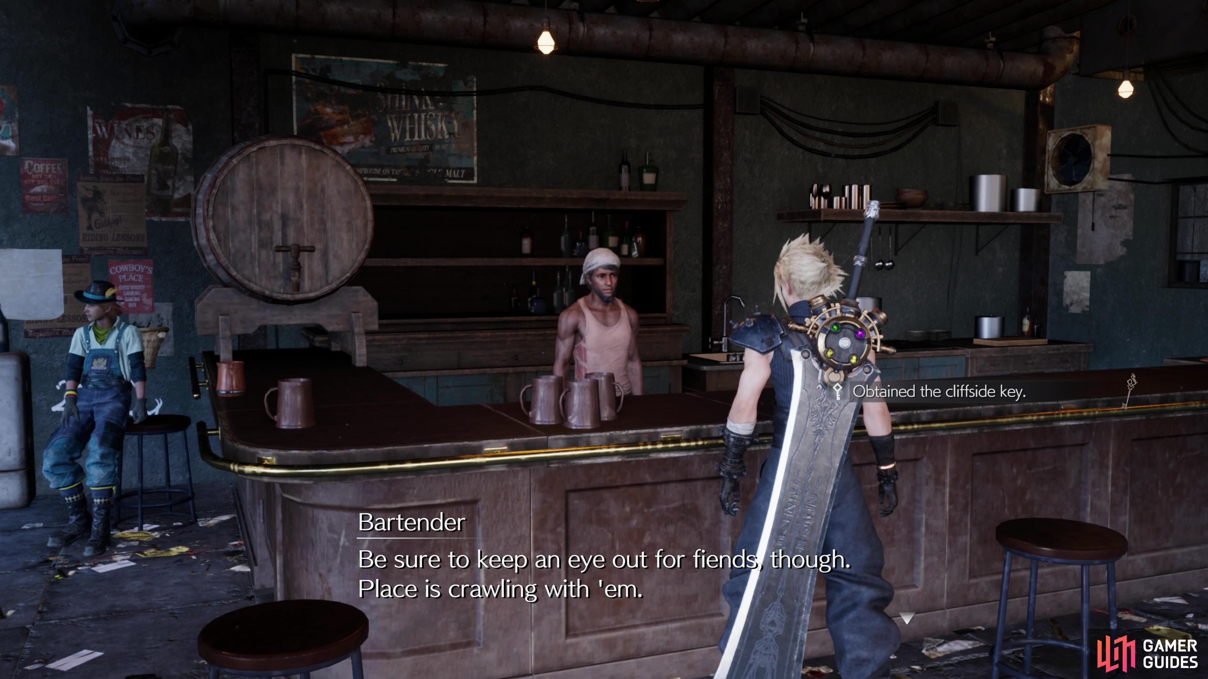After the events in the Gold Saucer you’ll find yourself in The Dustbowl. Talk to the bartender at the Bail Jumper bar to get the Cliffside Key,