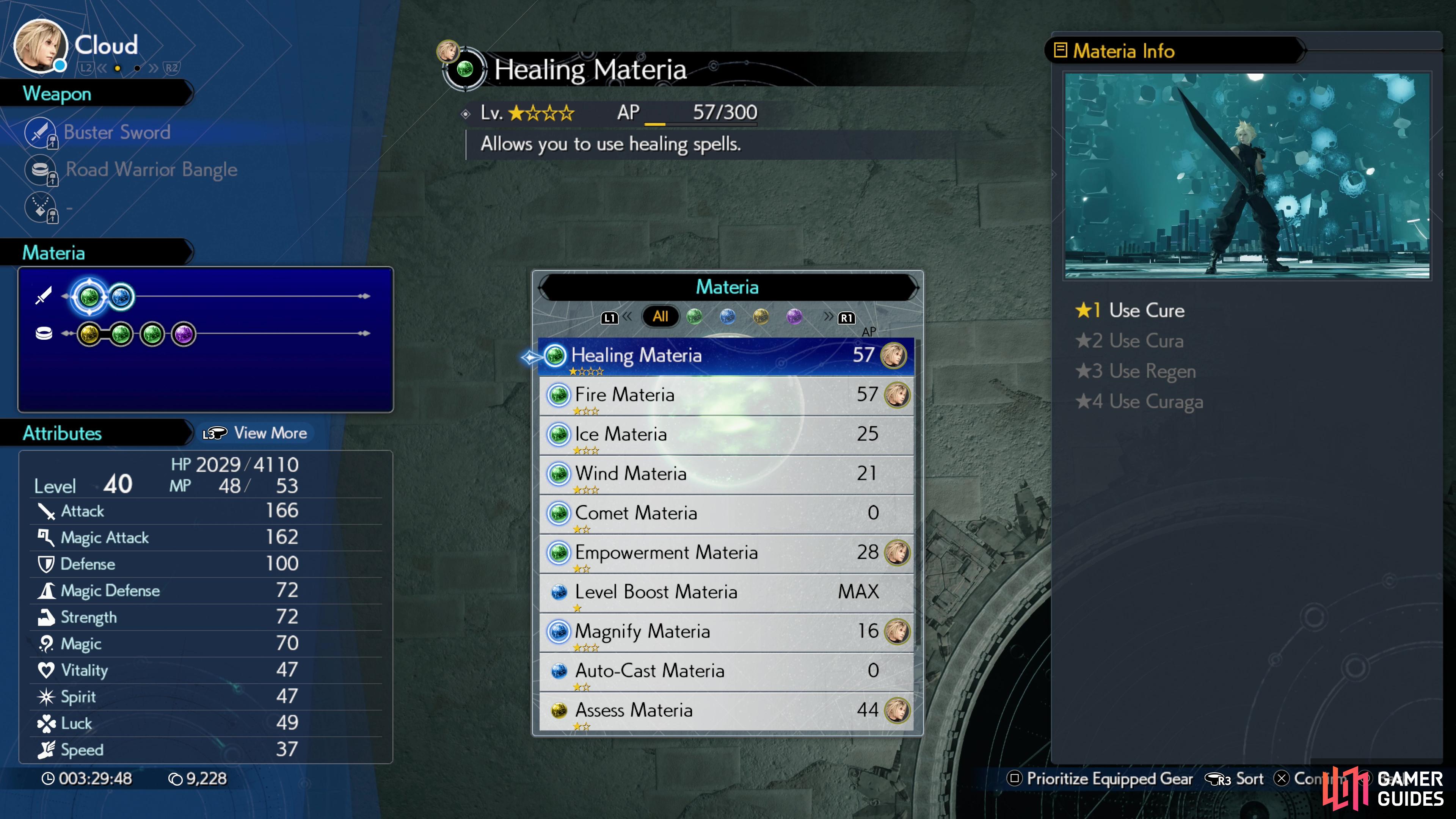 When you select a materia socket (empty or otherwise) you’ll bring up a list of owned materia you can install in that materia socket. Equipped materia can be used in battle and earn AP.