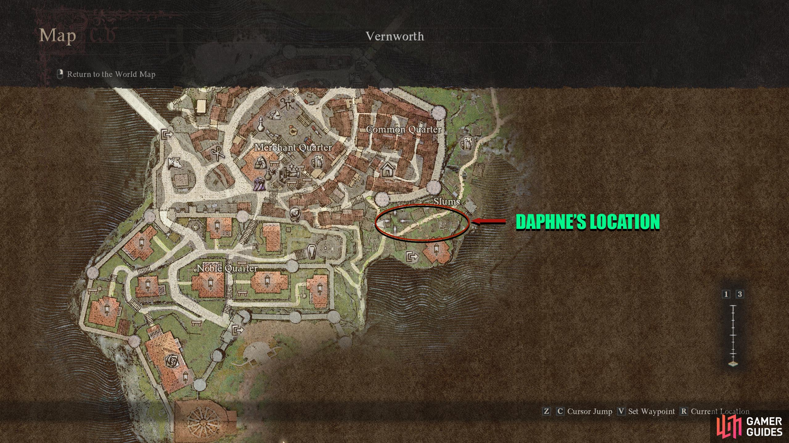 The Slums can be found to the southeast of the Merchant Quarter.