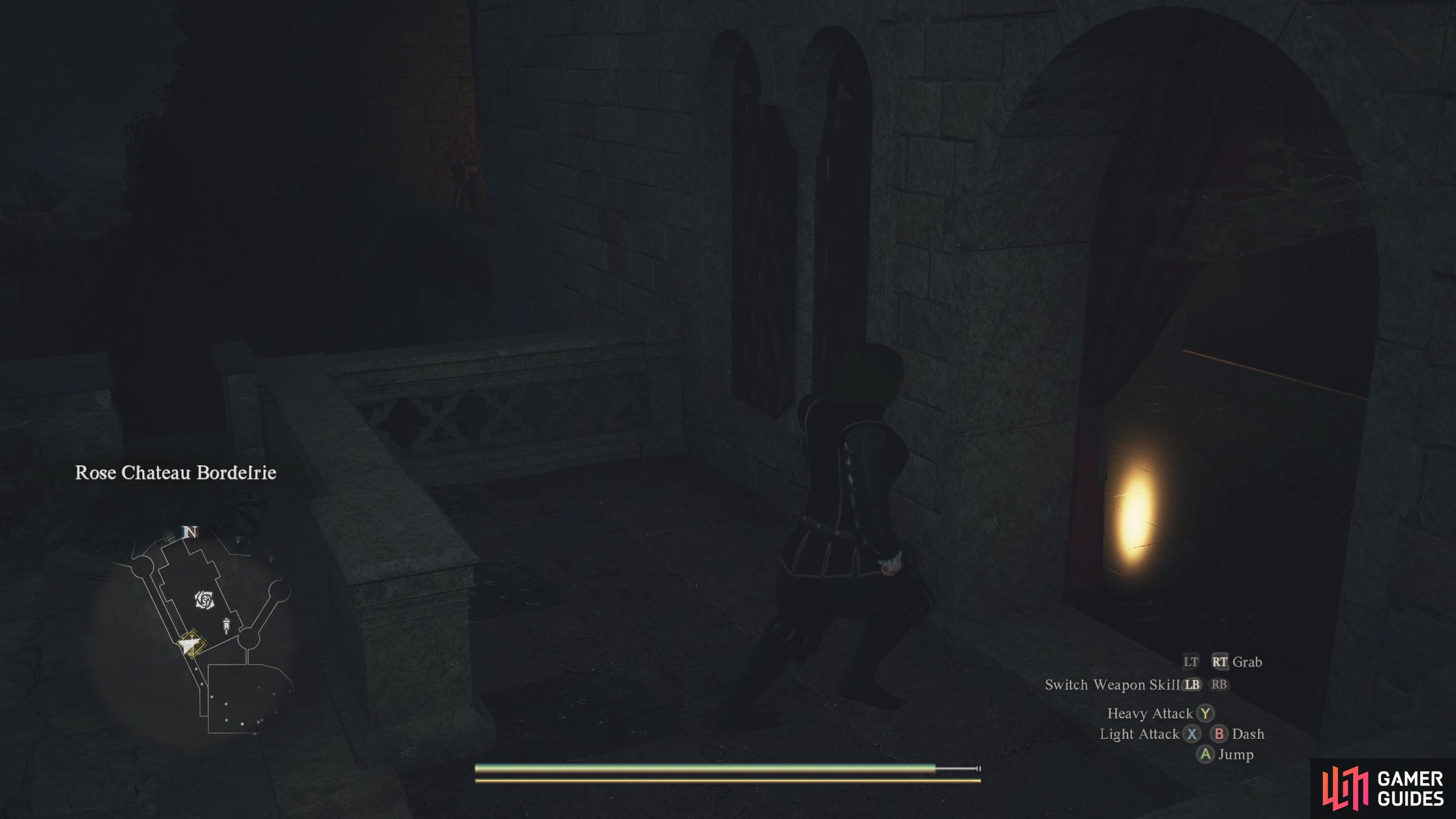 Go through the door, follow the ramparts north, and enter the Rose Chateau to your right.