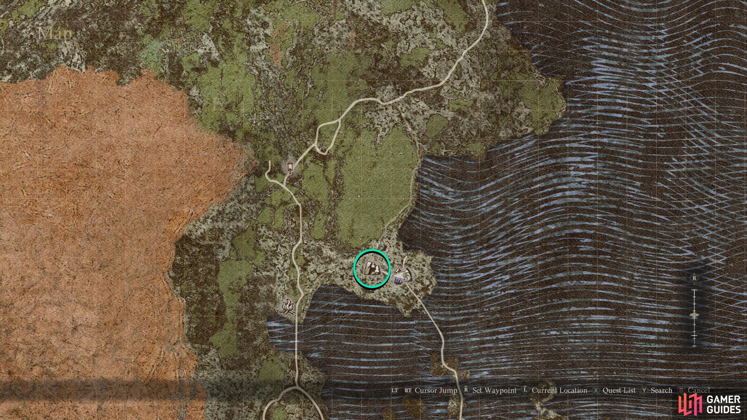 You can reach Bay Wayside Shrine by heading south through Guerco Cavern or northeast from Bakbattahl.