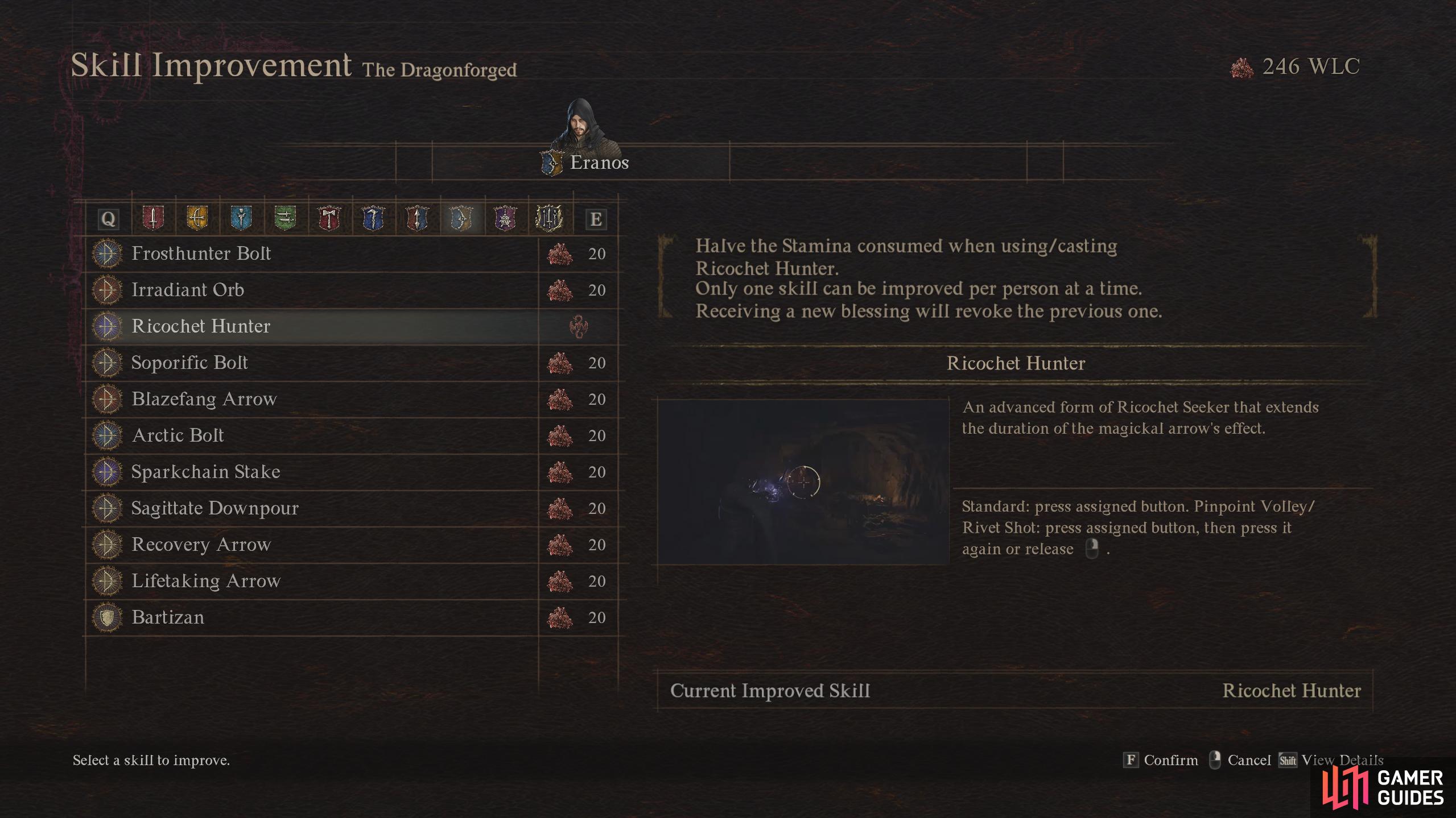 Skill improvement allows you to choose one skill that receives a reduction of stamina consumption by 50%.