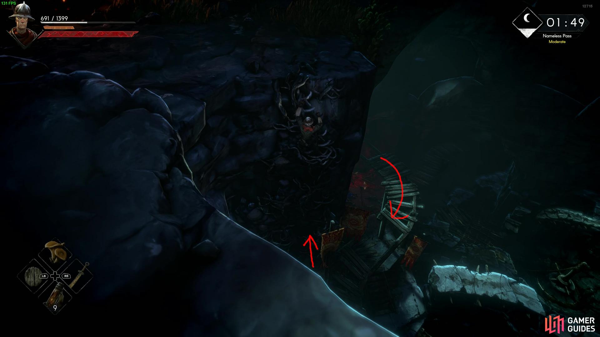 From the trapped prisoner, follow the ruined cell walls left, follow the plankways, all the way to this climbable root.