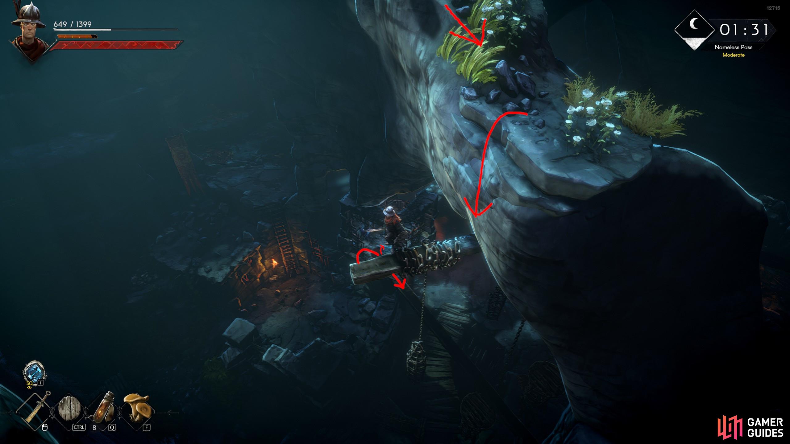 When you climb the root, you should find an outdoor rocky area. Take the path that leads back over the mine to a tip you can drop down from. You now need to parkour across the posts and beams to get the key.