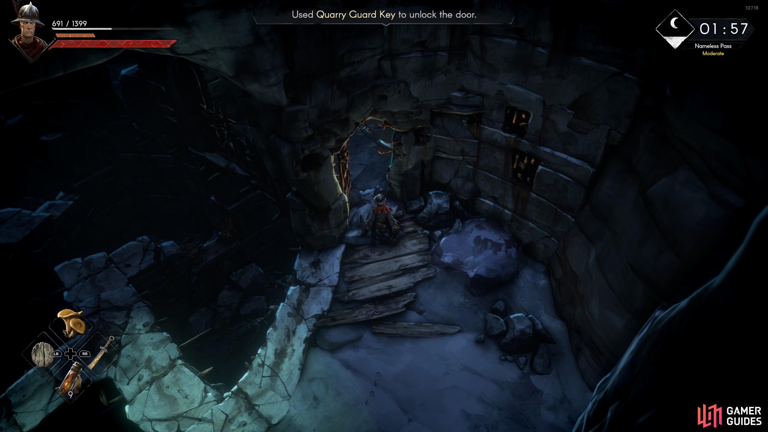 Take the Quarry Guard Key back to the trapped NPC in the cell area of the quarry and free him. 