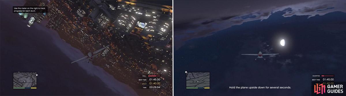 The stunt meter is an excellent way to gauge how much further you must go to complete the stunt (left). Flying upside down is weird. The controls are reversed so don't try and do the same thing or you'll plummet into the ground and make a nice pancake on the floor (right).