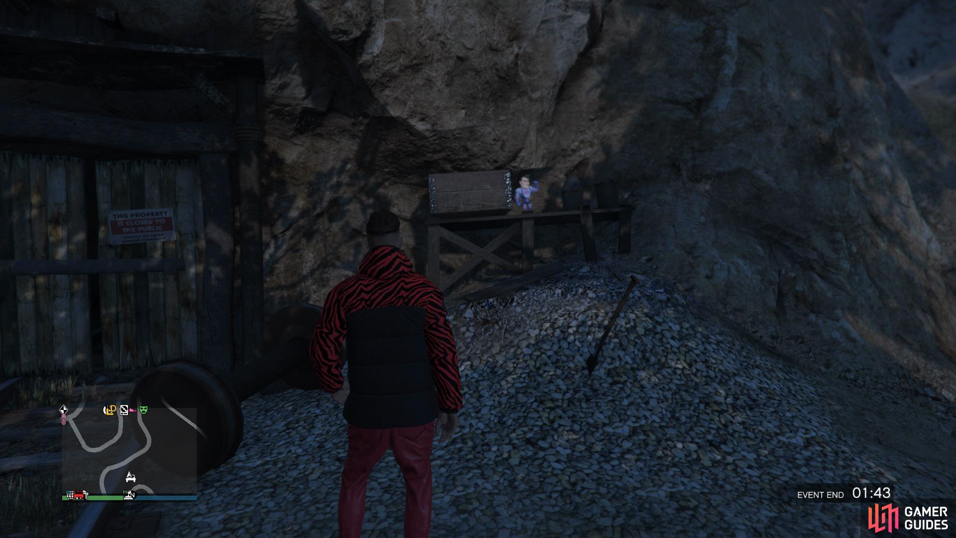 to find the action figure sitting beside the  abandoned mine.
