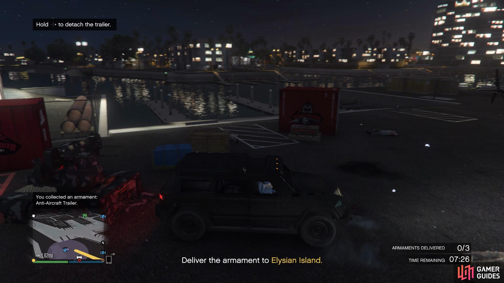 then use the vehicle nearby and hook it up to the tow bar which will allow you to drive it to Elysian Island.