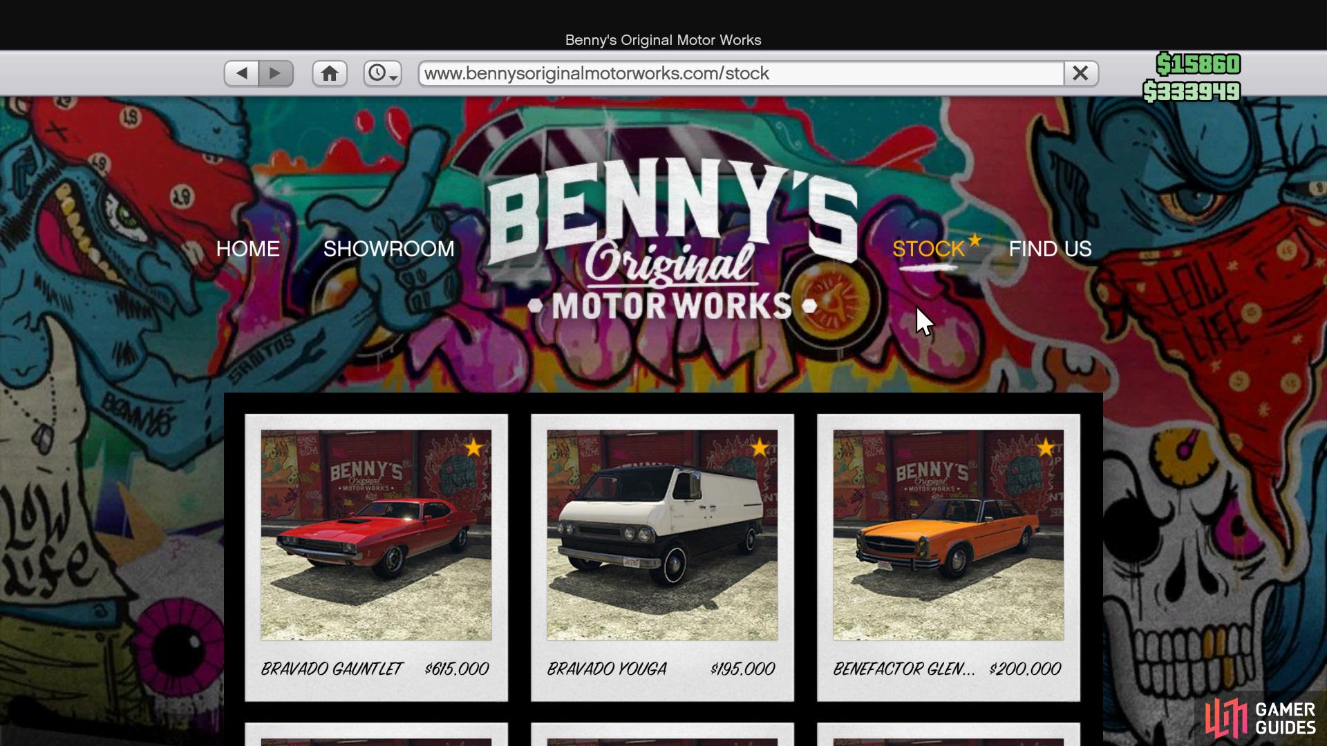 You can see the list of Benny's Vehicles via the website.
